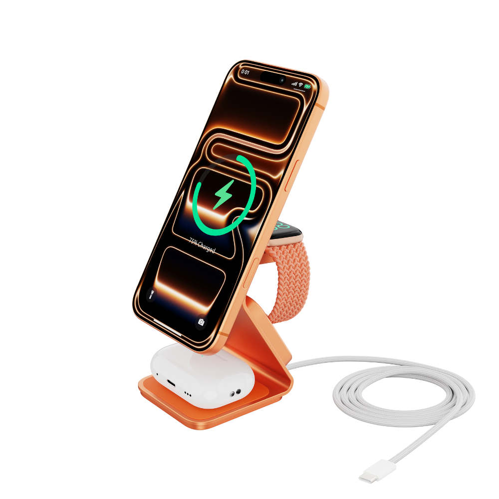 Ein oranges Ladegerät mit einem iPhone, einer Apple Watch und AirPods.