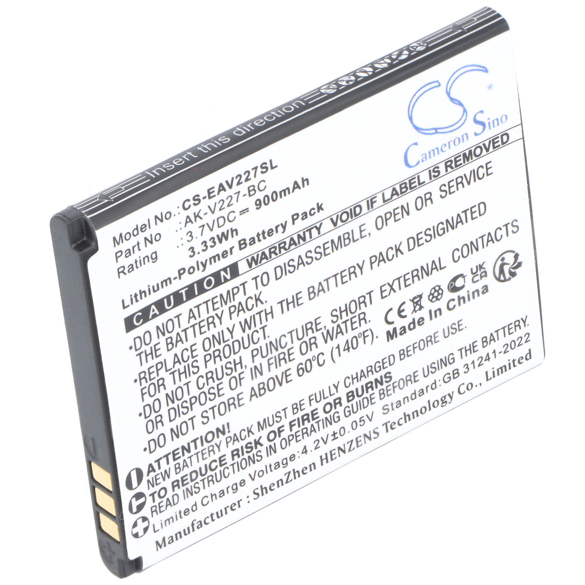 Schwarzer Lithium-Polymer-Akku mit Aufkleber mit Warnhinweisen und technischen Daten.