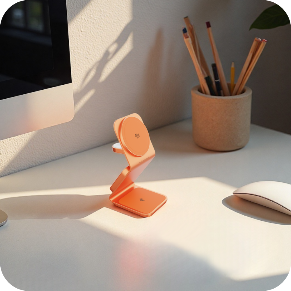 Ein orangefarbener Ladeständer mit einem Computer und einer Maus auf einem Schreibtisch.