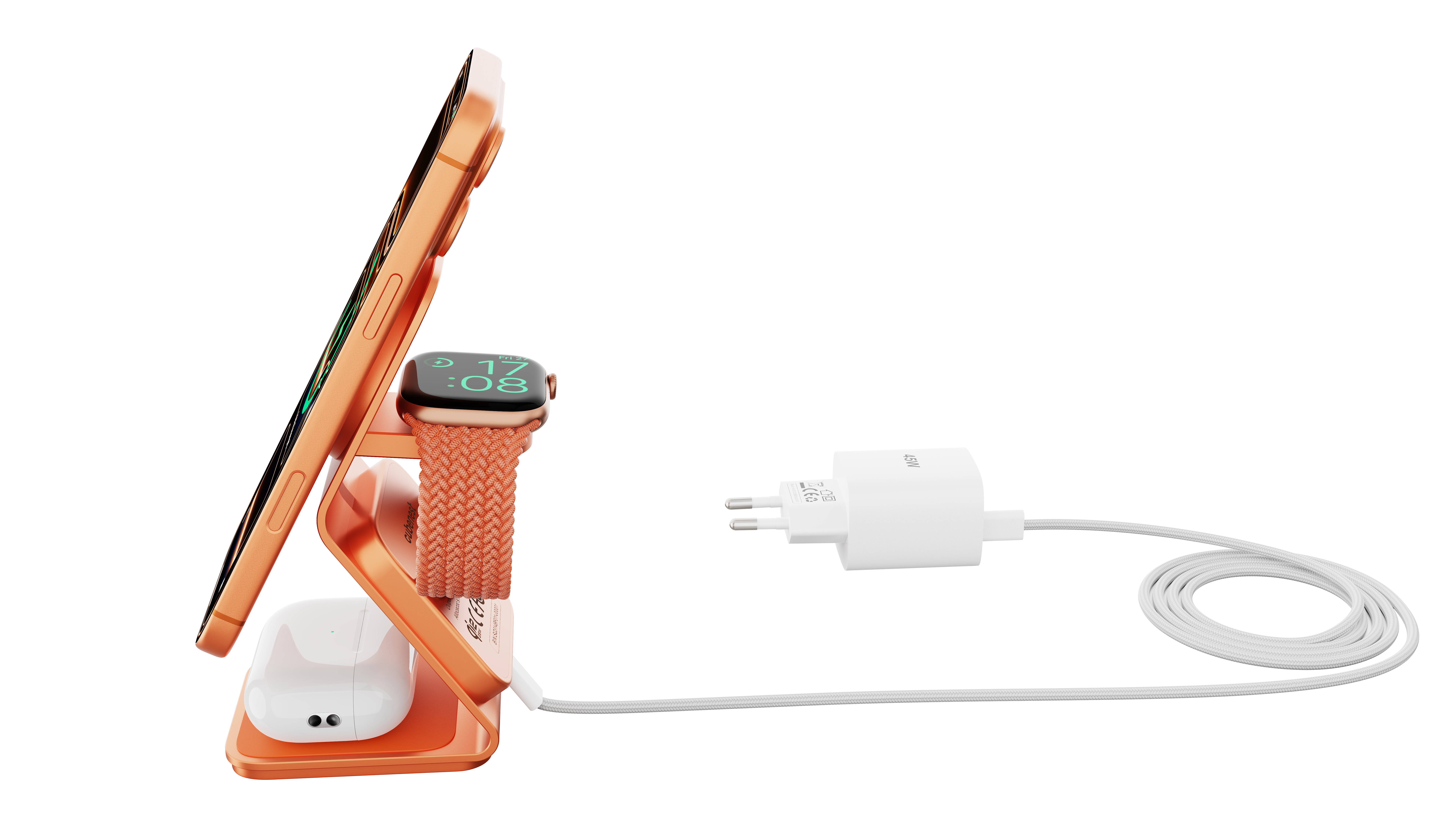 Orange Ladestation mit Smartphone, Smartwatch und Ohrhörern. Weißes Ladegerät daneben.