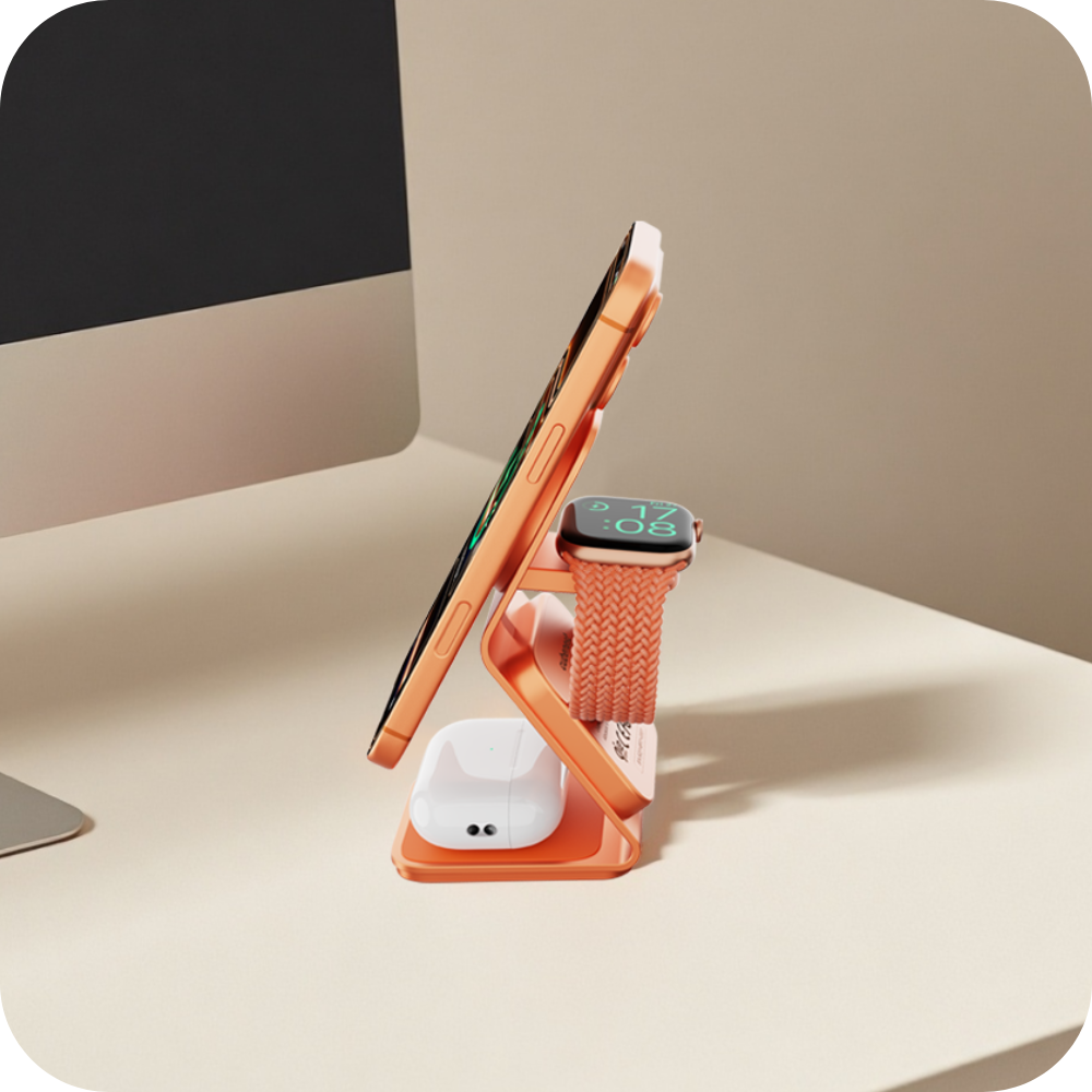 Ein orangefarbener Ständer mit Handy, Smartwatch und weißen Kopfhörern.