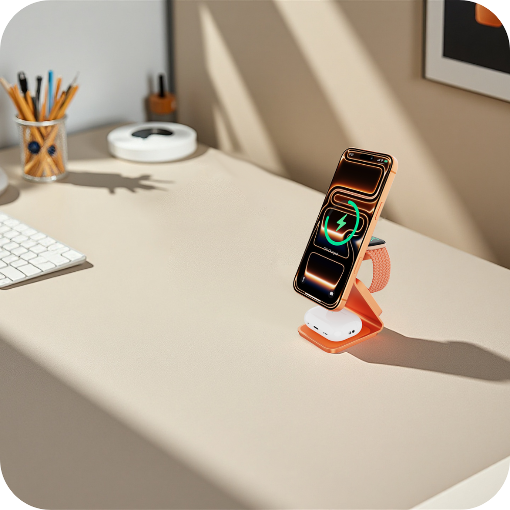 Ein Handy-Ladeständer mit orangefarbenem Handy, Kopfhörern und Uhr.
