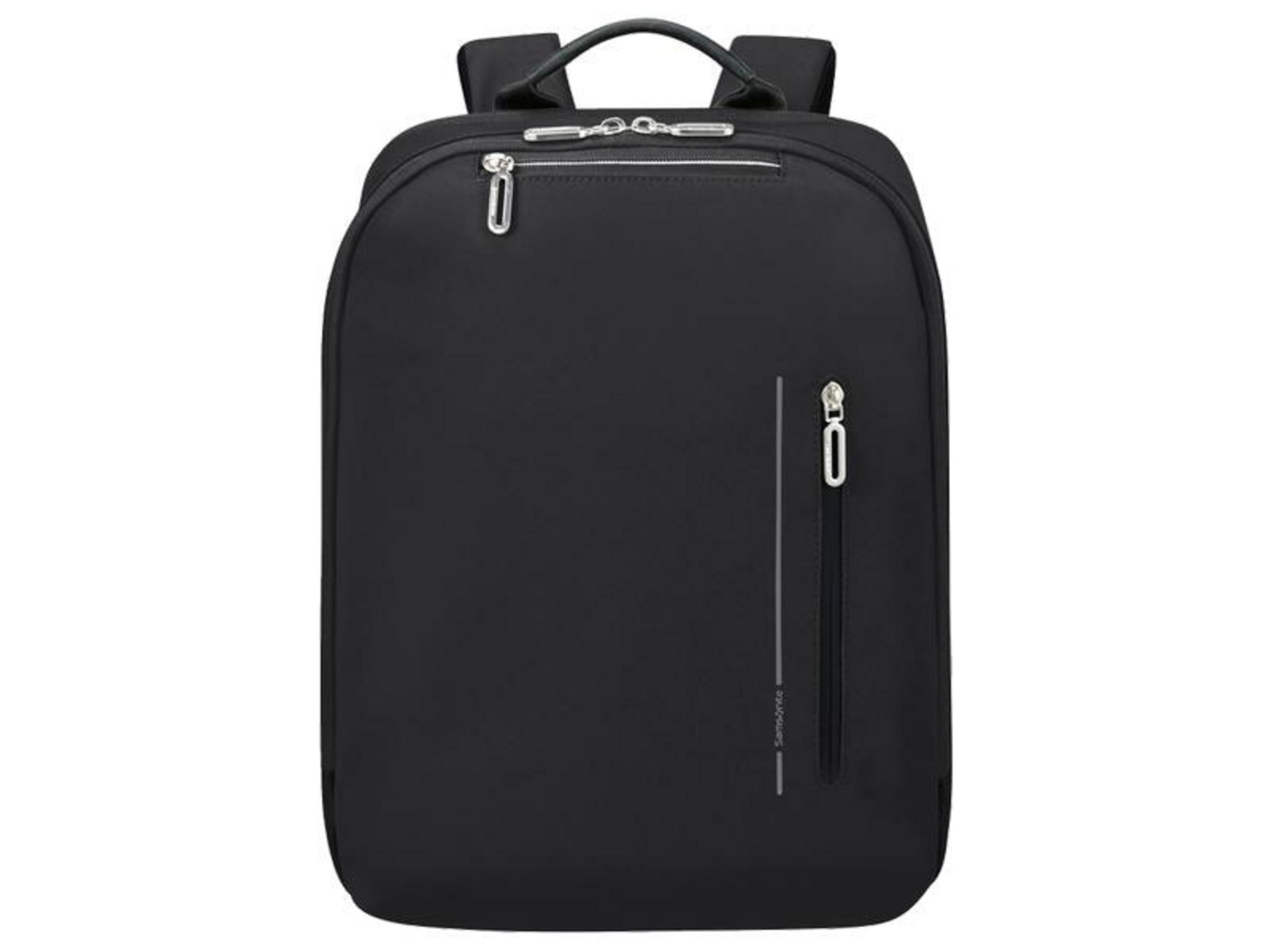 Ein schwarzer Rucksack mit Reißverschlüssen und Tragegriff.