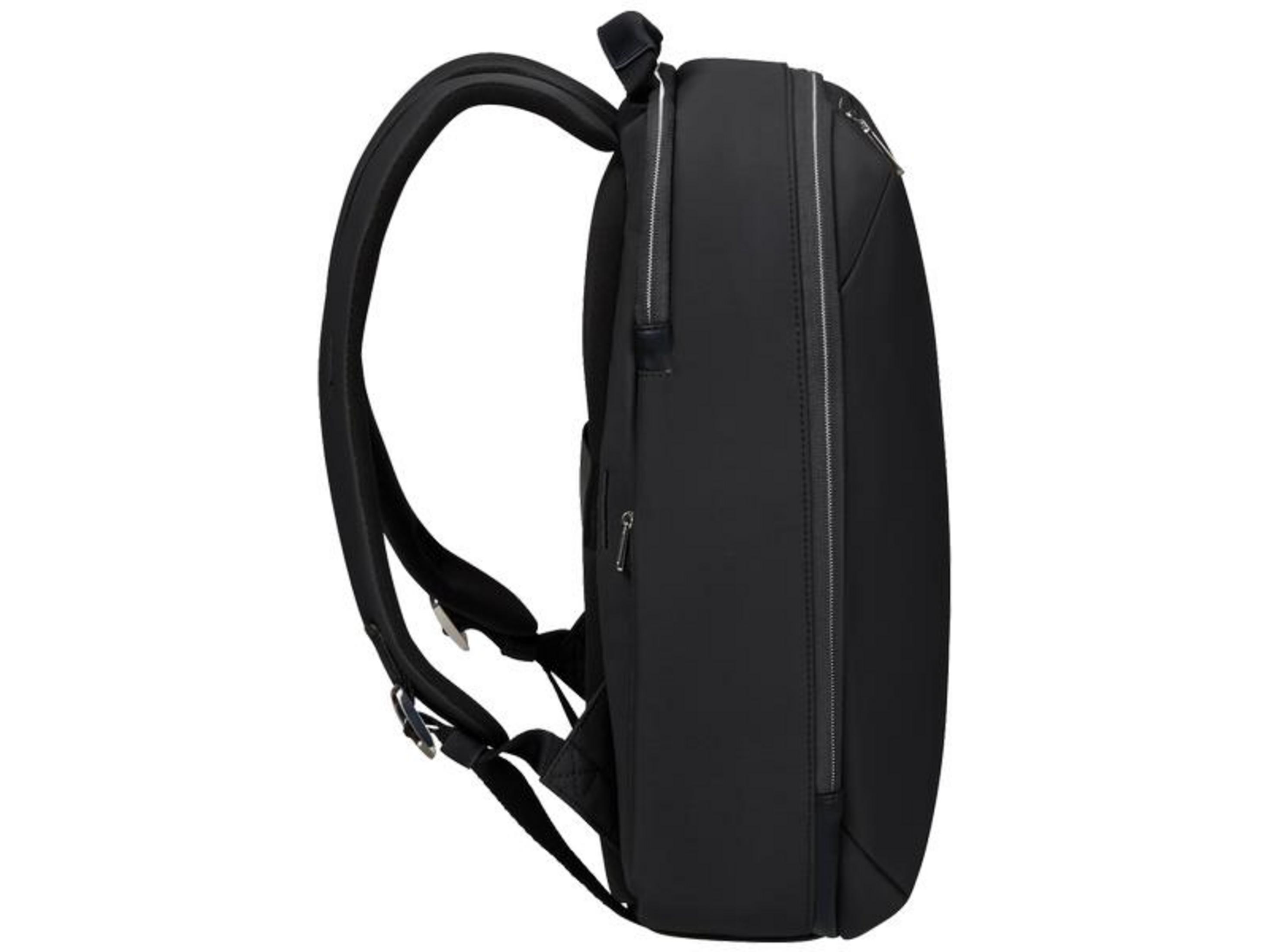 Schwarzer Rucksack mit gepolsterten Schultergurten und Reißverschluss.