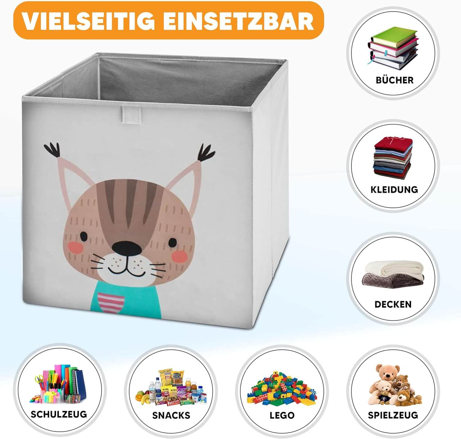Aufbewahrungsbox mit Katzenmotiv, daneben Icons für Bücher, Kleidung, Decken, Spielzeug, Snacks und Schulbedarf.