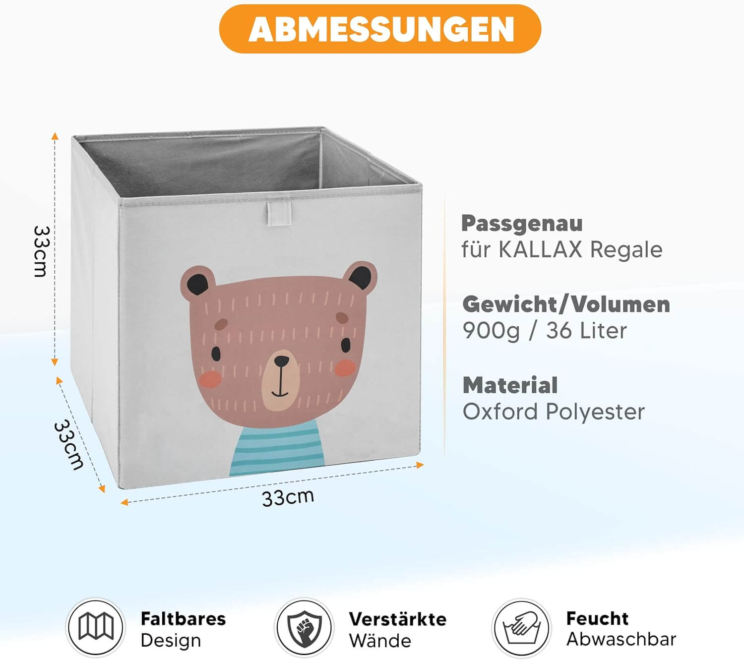 Ein weißer Aufbewahrungsbehälter mit Teddybär-Motiv, 33x33x33cm.