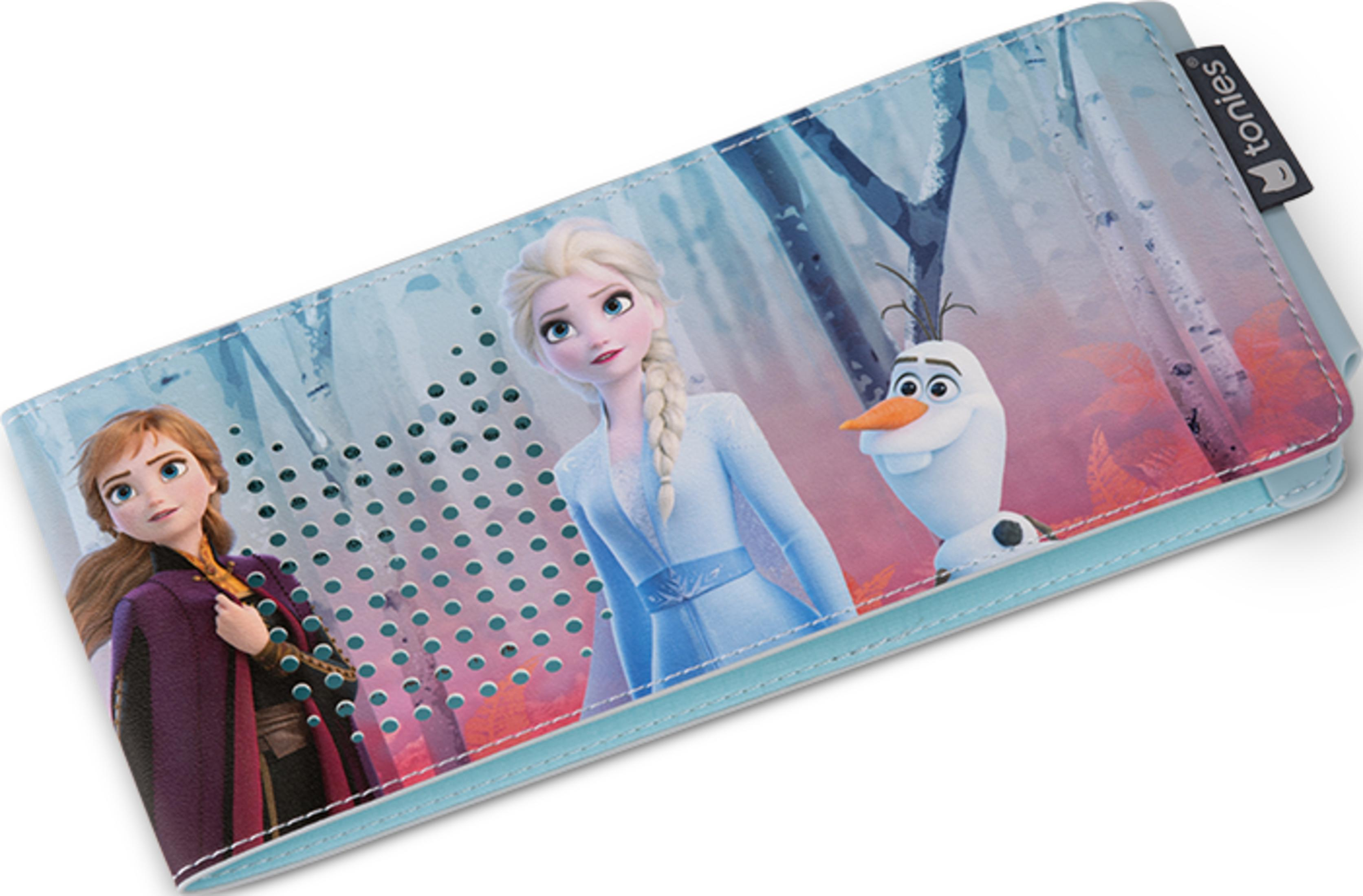 Anna, Elsa und Olaf auf einem blauen Etui mit Waldmotiv.