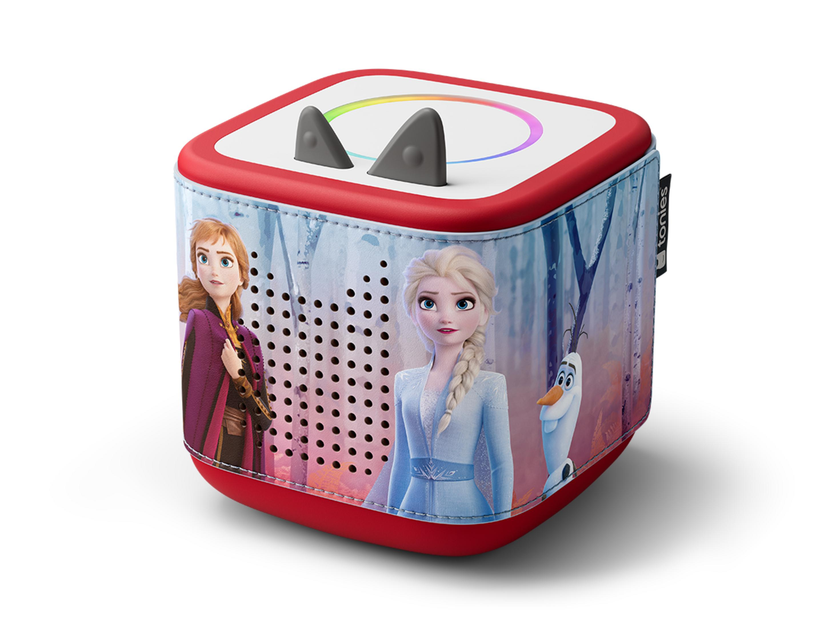 Rote Box mit Frozen-Figuren Elsa, Anna und Olaf. Oben sind Ohren und ein Lichtbogen.