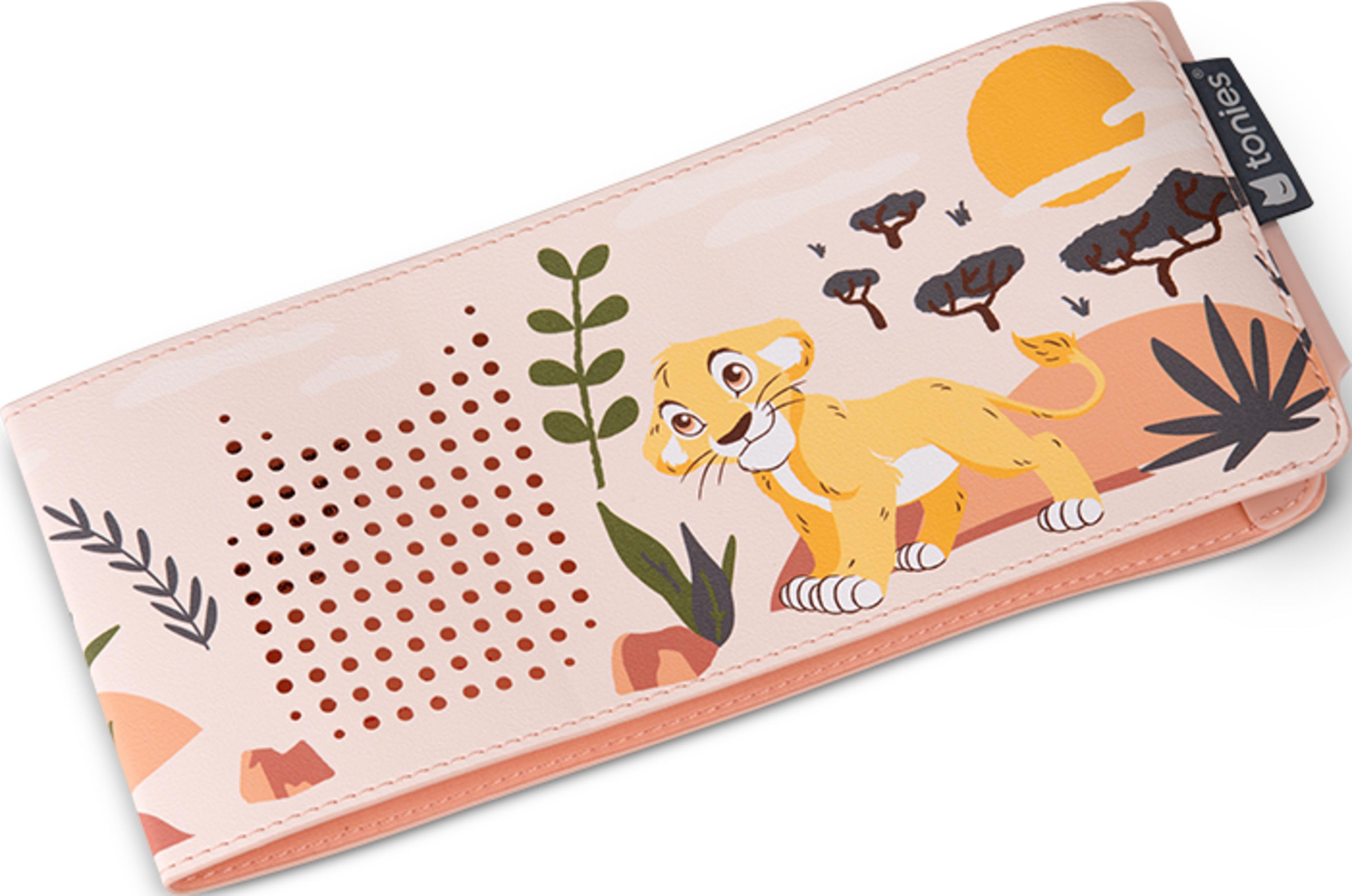 Un étui rose pâle avec Simba et une illustration de savane africaine.