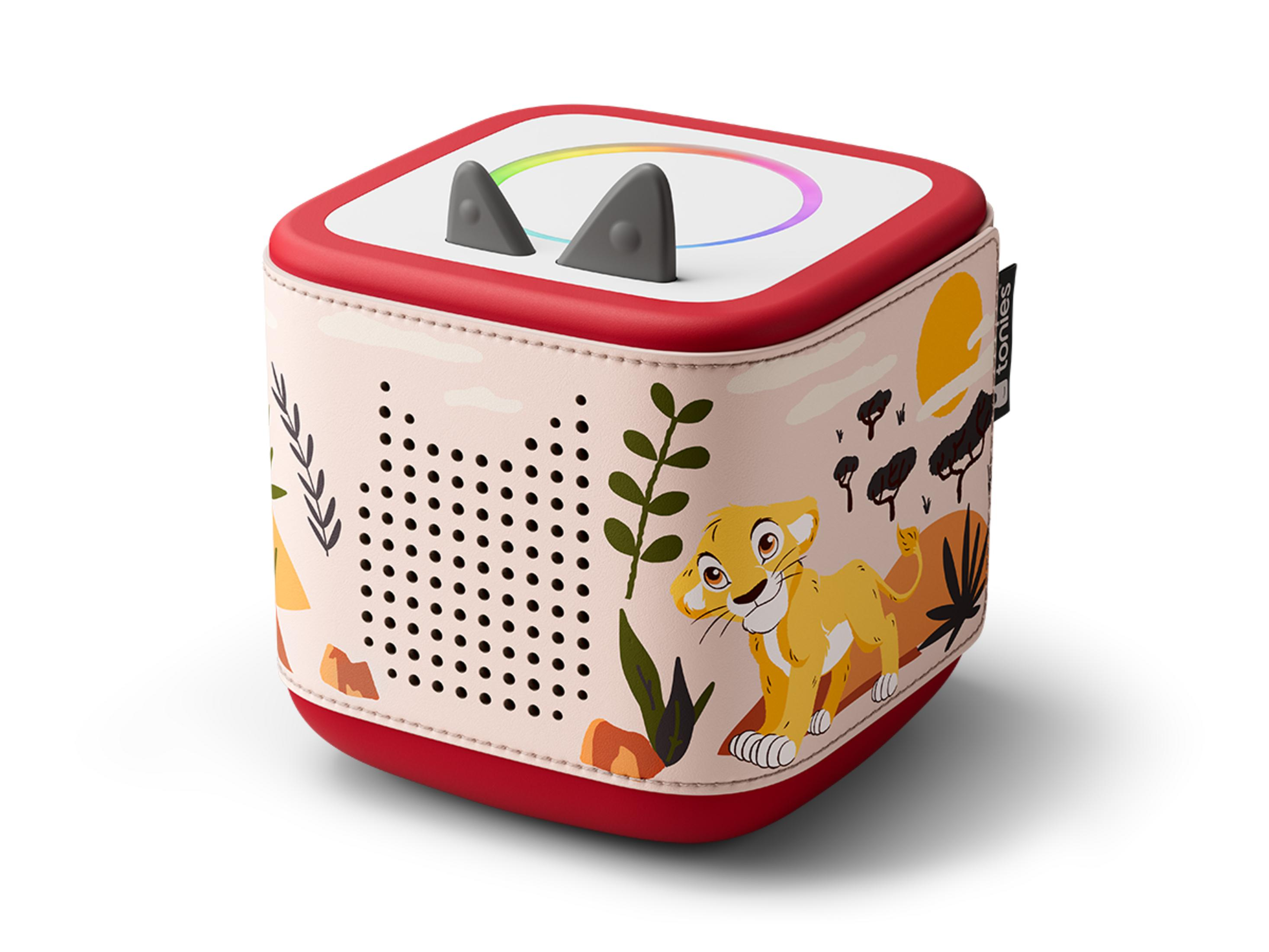Cube rouge avec un bébé lion et un thème safari, doté d'oreilles sur le dessus.