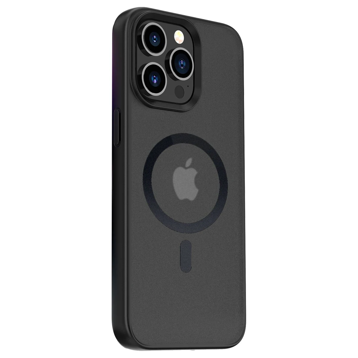 Apple logolu, üç kamera lensli siyah telefon kılıfı.
