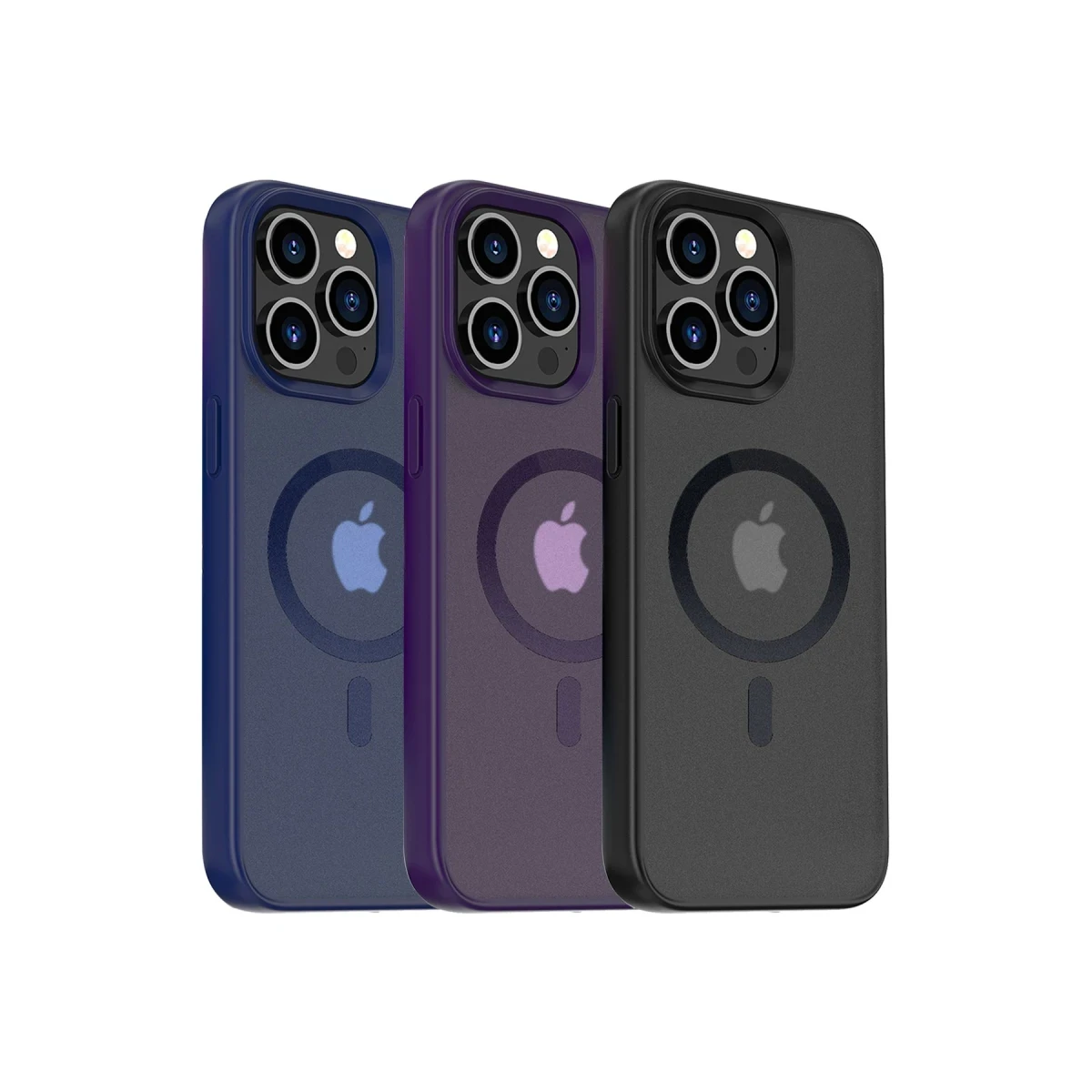 Apple logosuna sahip mavi, mor ve siyah üç iPhone kılıfı.