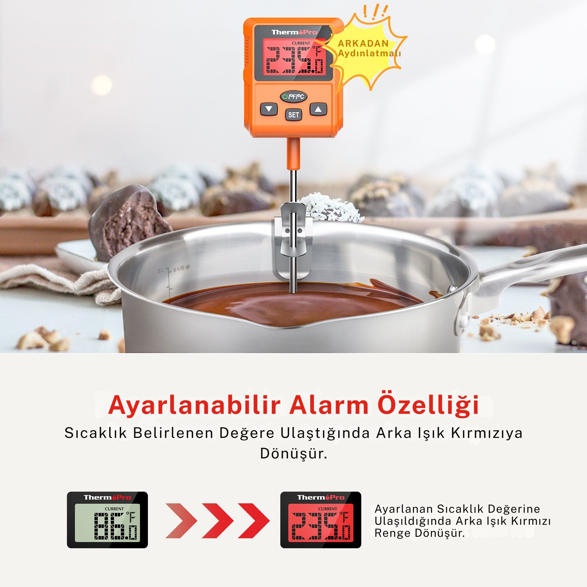 Termometre, tenceredeki çikolata sıcaklığını ölçüyor. Arka aydınlatma yanıyor.