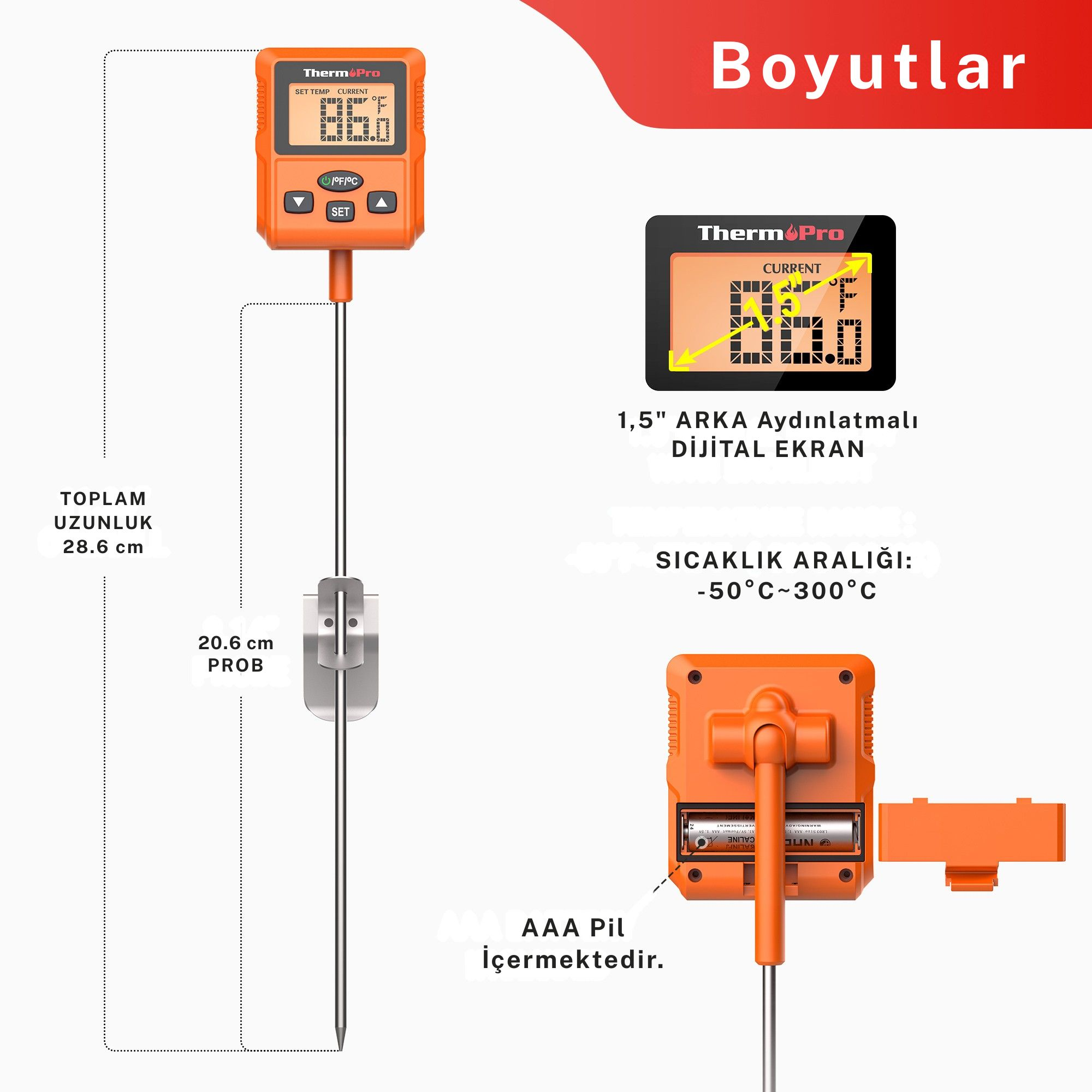 Turuncu Thermopro et termometresi, LCD ekranı, metal probu ve pil bölmesi bulunur.
