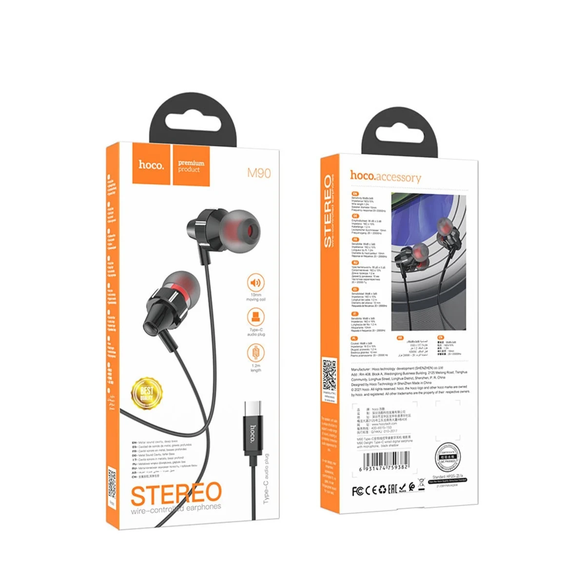 Kulaklıkla paket: Type-C fişli siyah Hoco M90 stereo kulaklık.