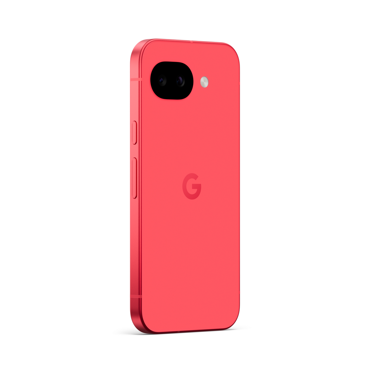 Czerwony telefon Google Pixel z podwójnym aparatem tylnym i lampą. Logo Google.