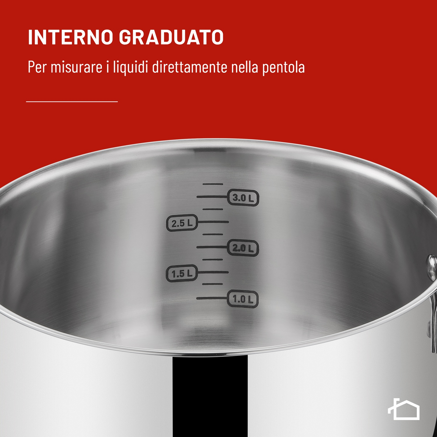Pentola in acciaio con graduazioni per misurare liquidi da 1.0L a 3.0L.