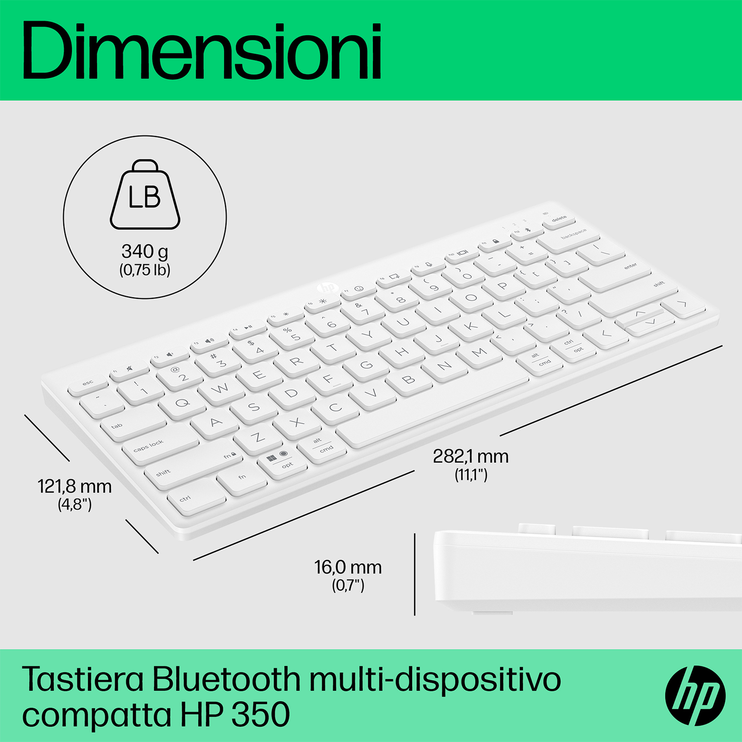 Tastiera HP bianca mostra dimensioni e peso. 340g, 121.8mm, 16mm, 282.1mm.