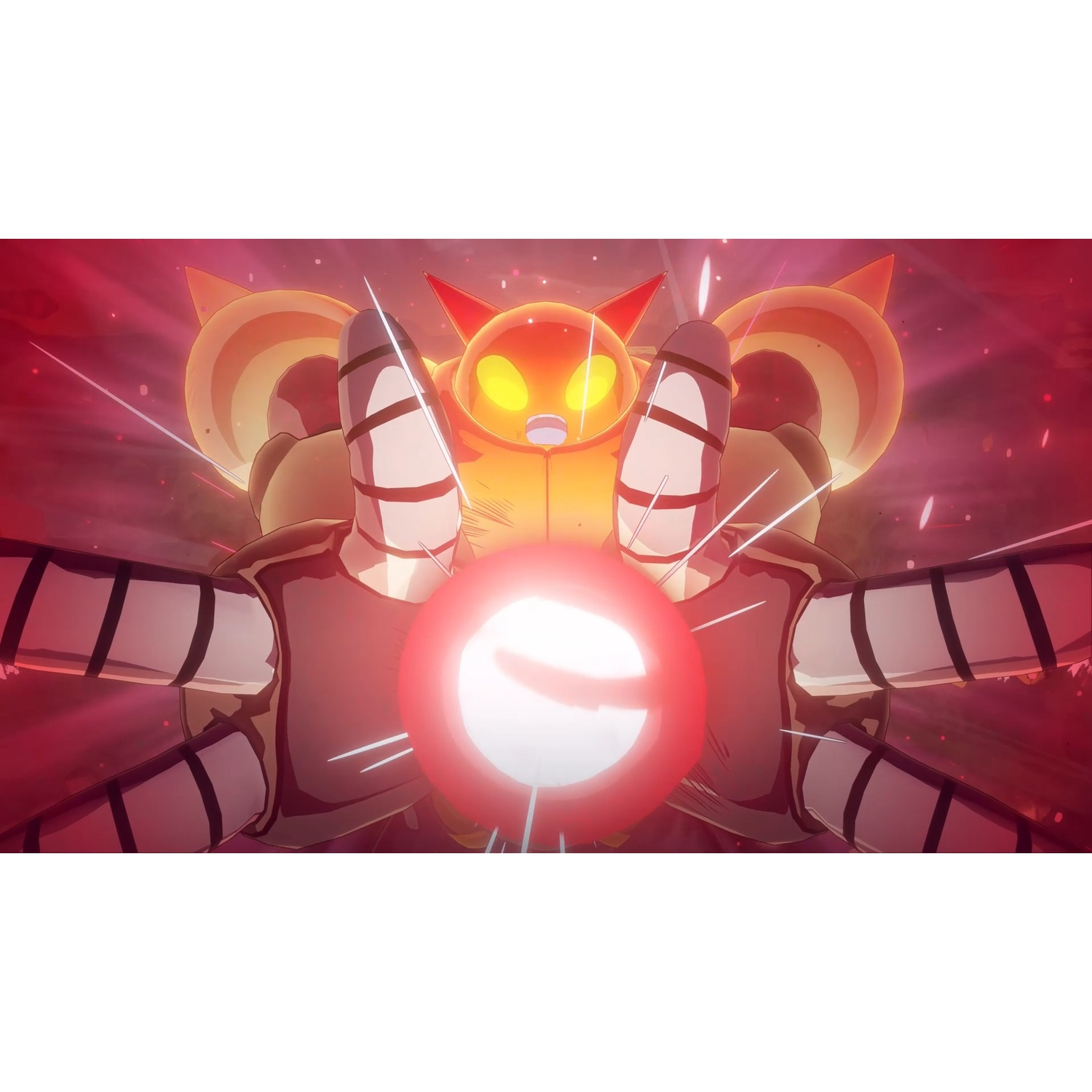 Un robot arancione con occhi gialli luminosi tiene una sfera di energia rossa.