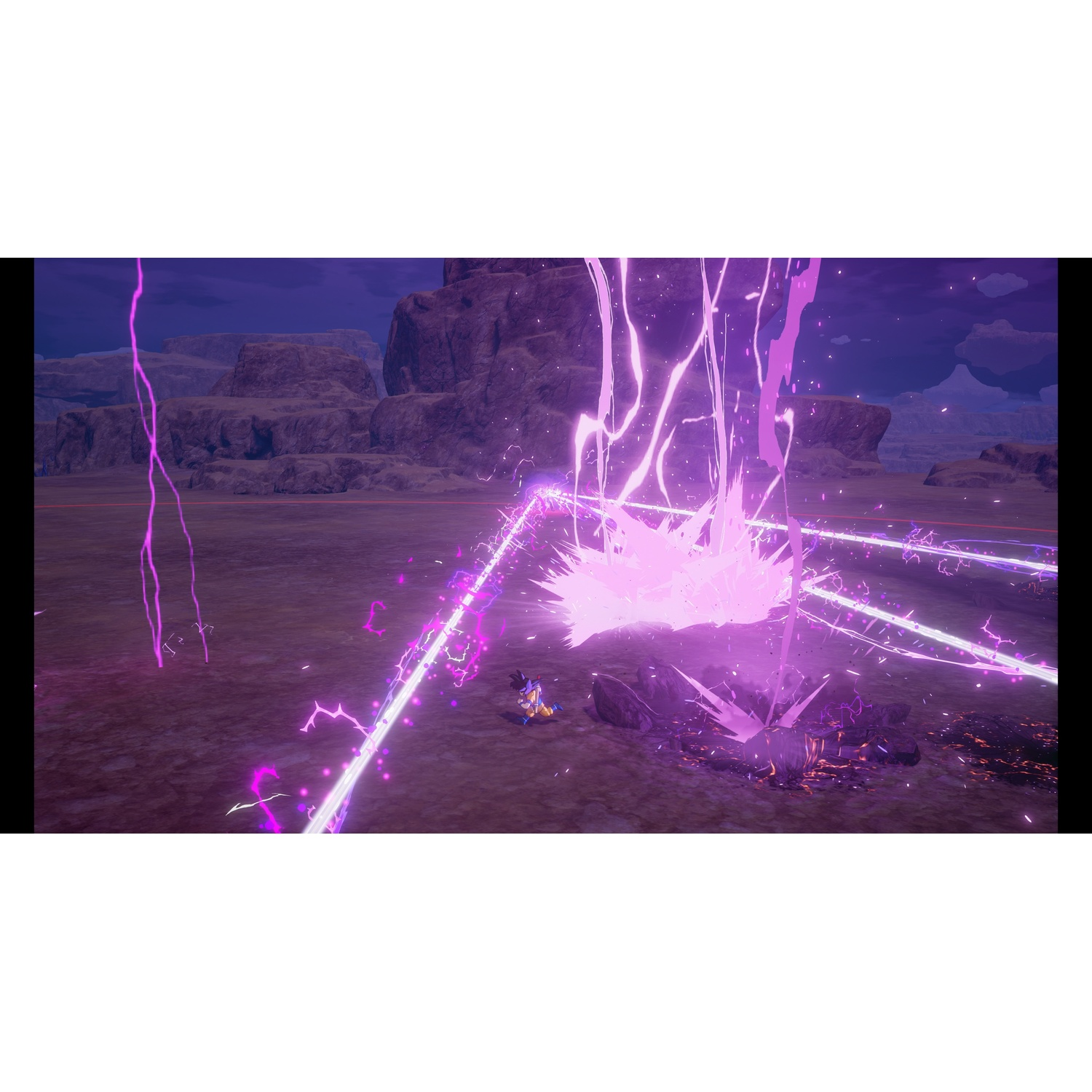 Un personaggio con esplosioni di energia viola in un paesaggio desertico roccioso di notte.