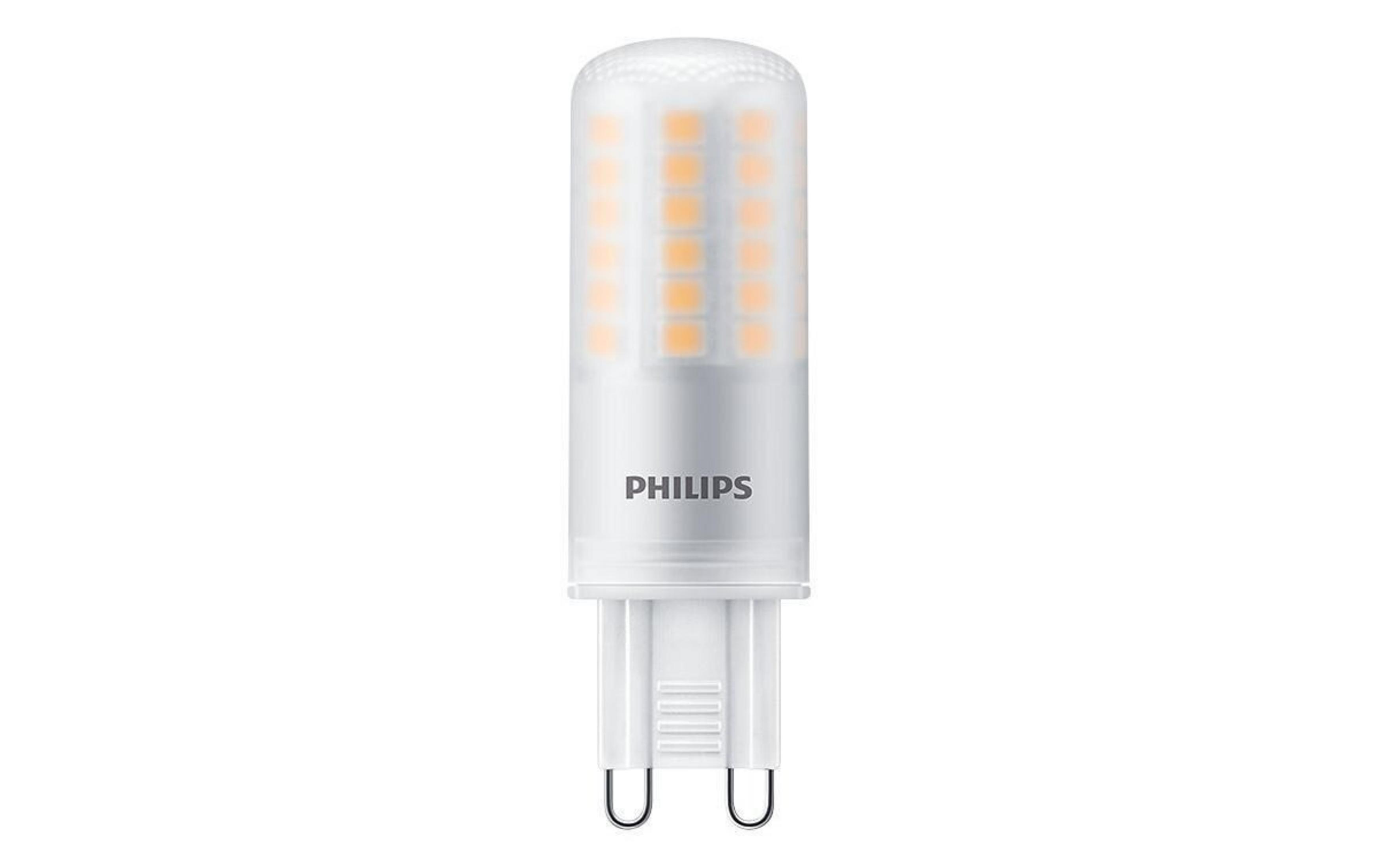 Lampadina LED Philips bianca con base G9 e LED arancioni.