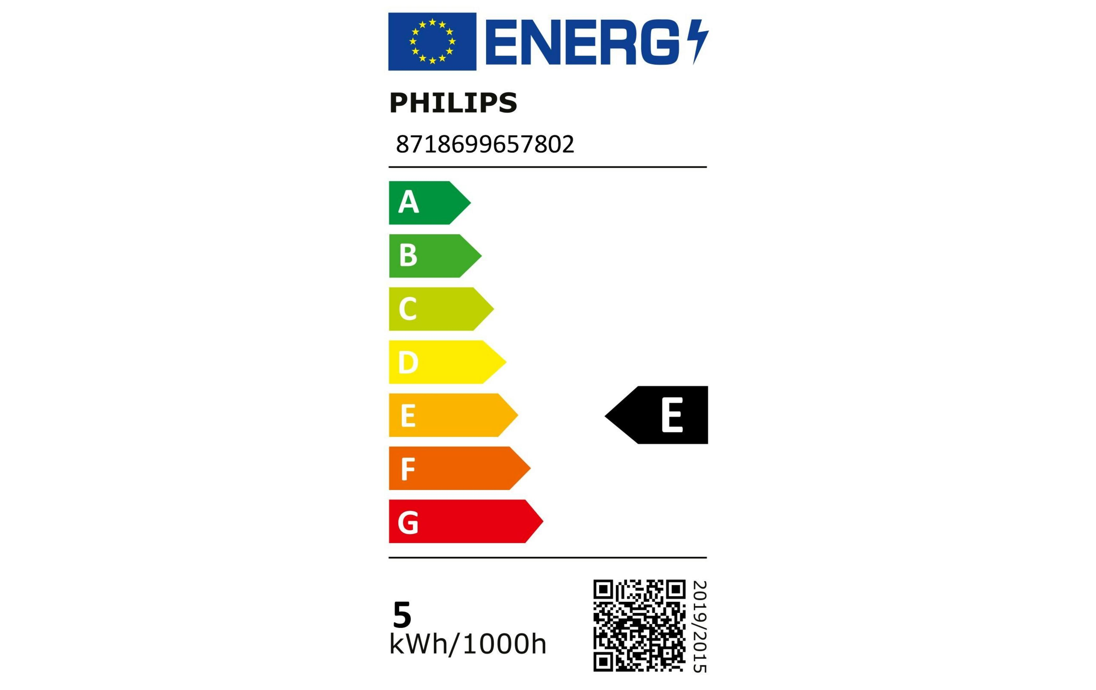Etichetta energetica con logo Philips, scala A-G, classe E, 5 kWh/1000h.