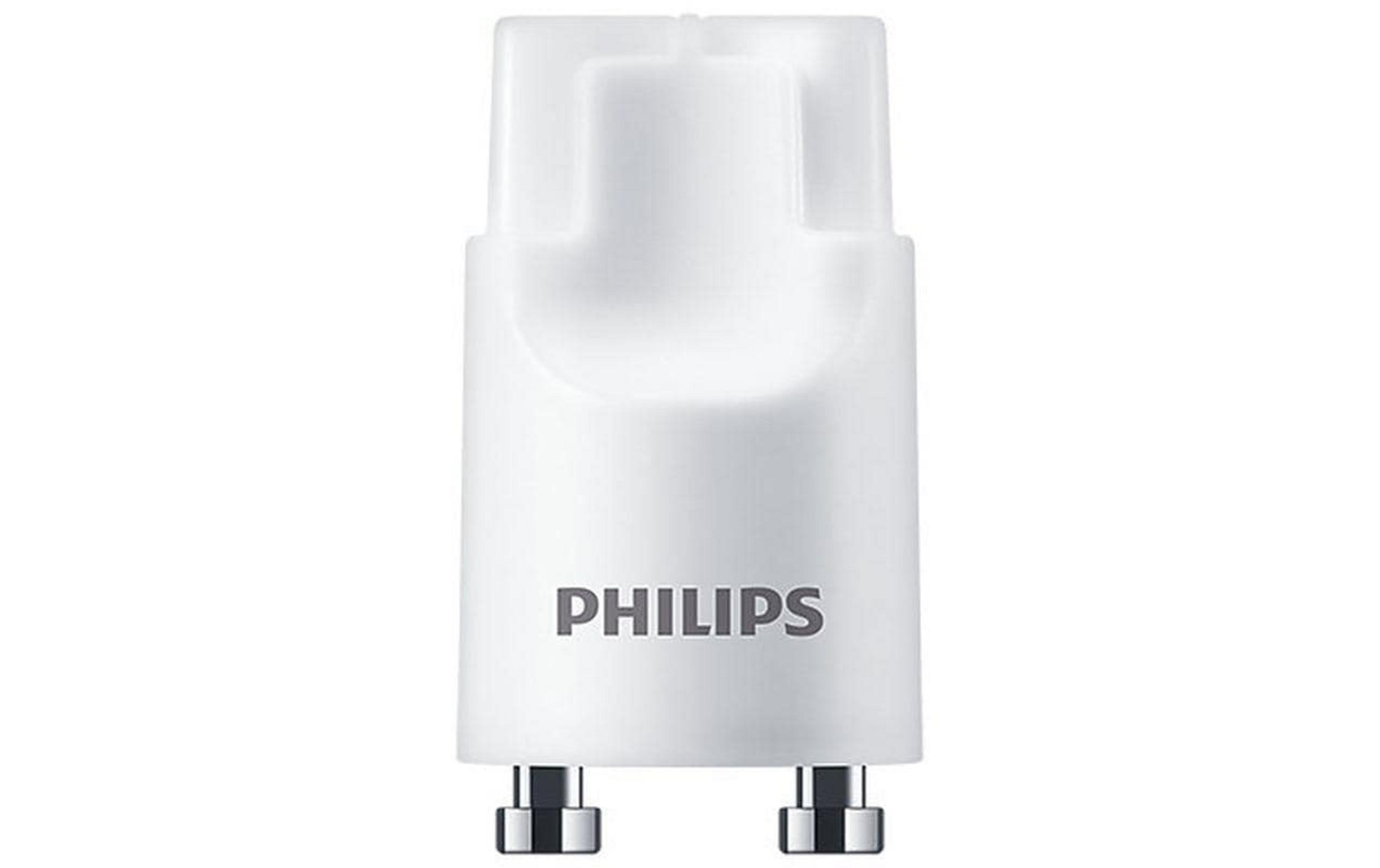Ein weißer Philips-Stecker mit zwei Metallstiften unten.