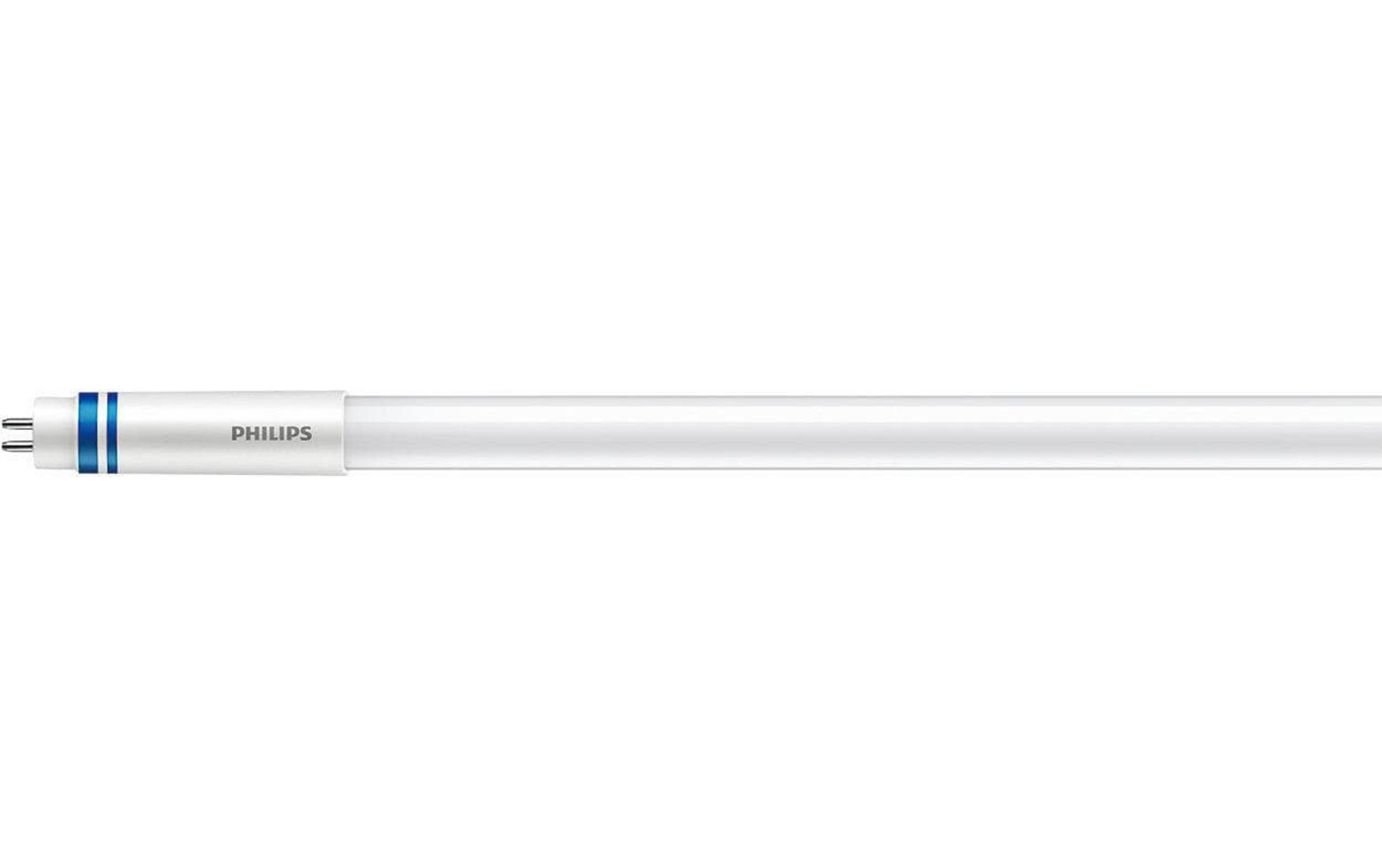 Un tubo fluorescente bianco con strisce blu alla base e logo Philips.