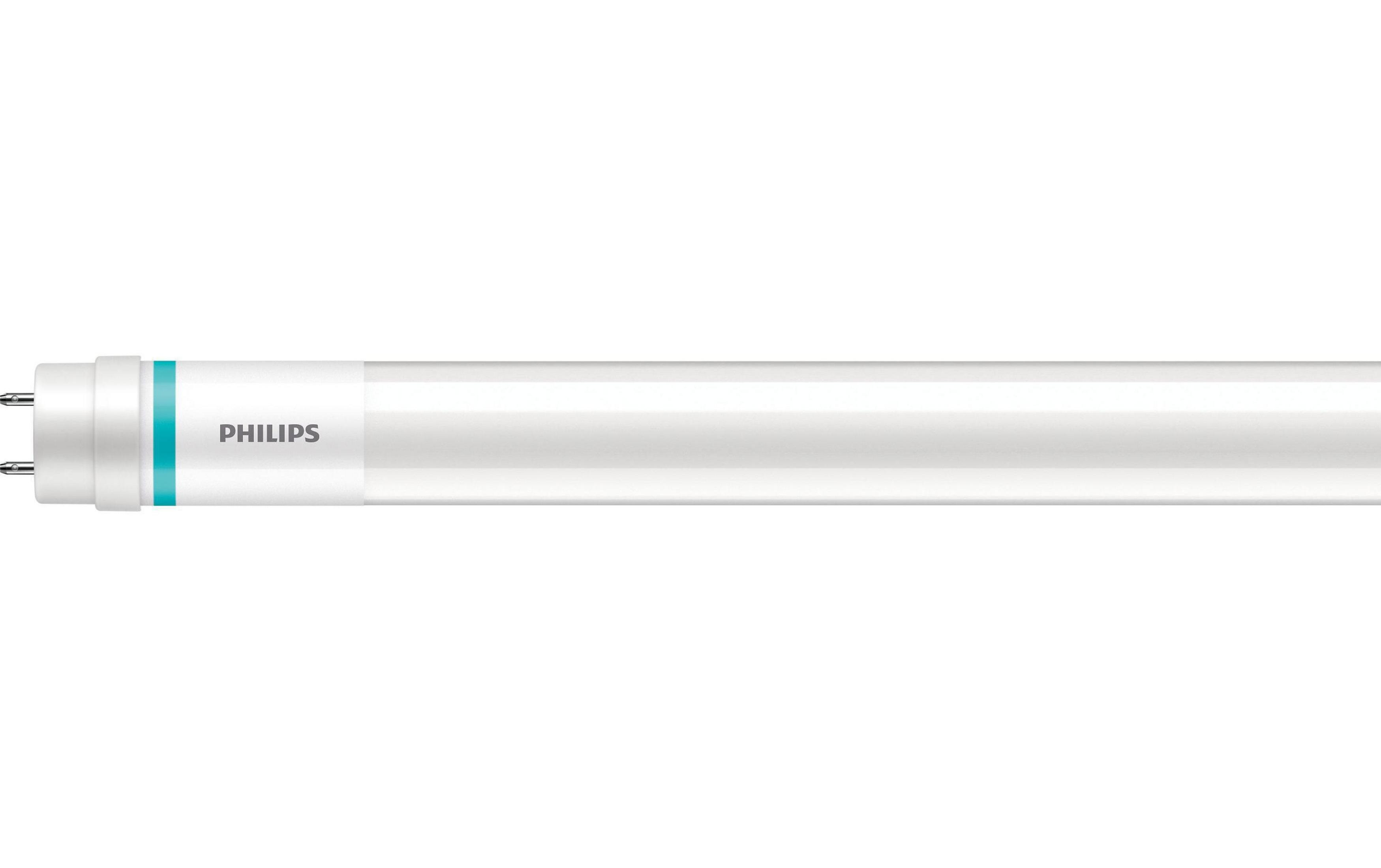 Un tubo fluorescente Philips bianco con striscia blu e due pin.