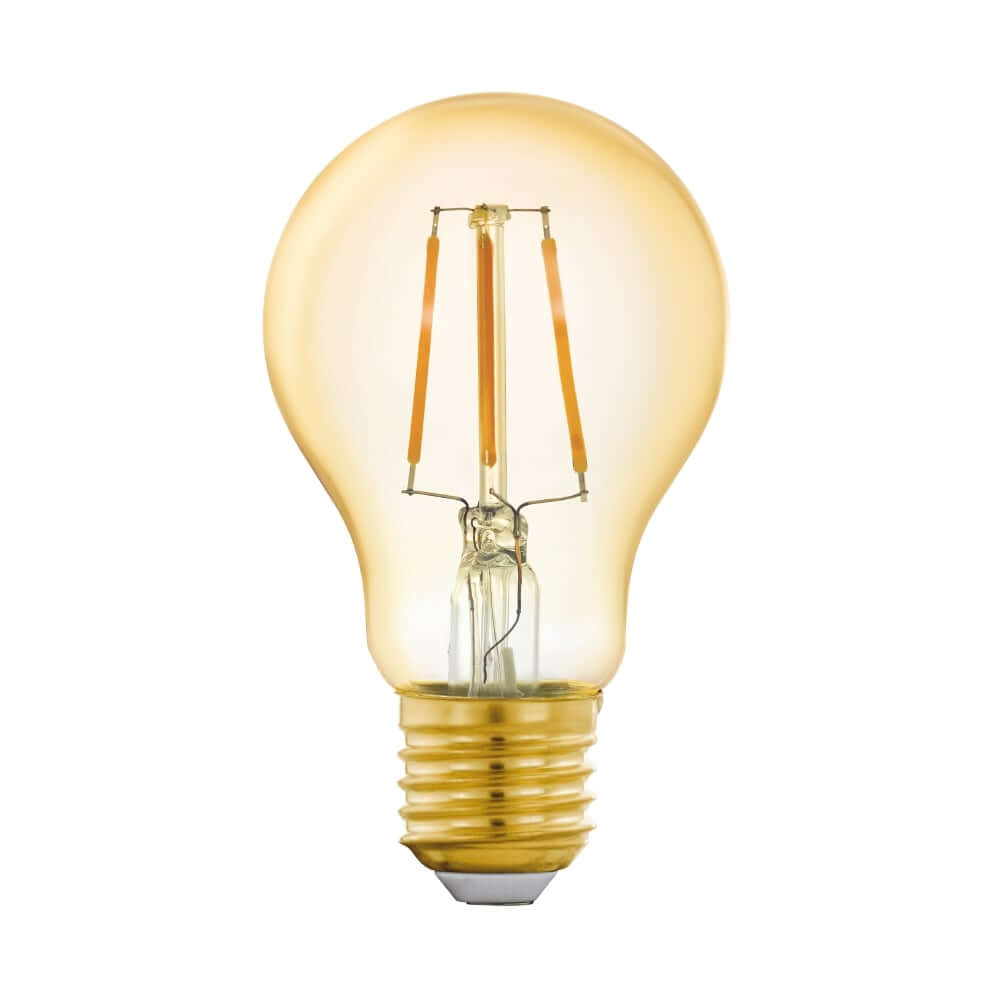 Una lampadina color ambra con filamenti visibili e base dorata.