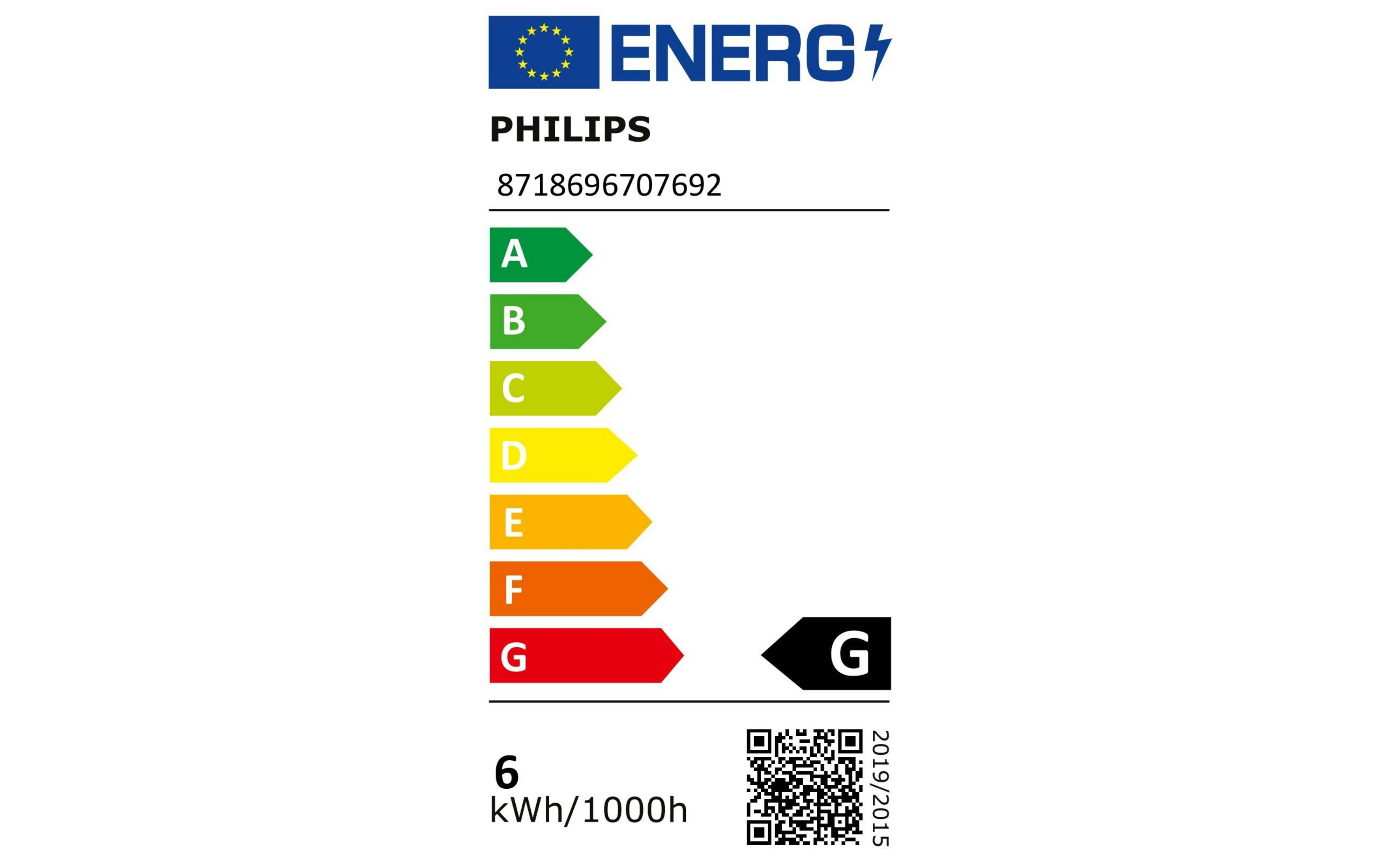 Etichetta energetica Philips classe G, consumo 6 kWh/1000h.