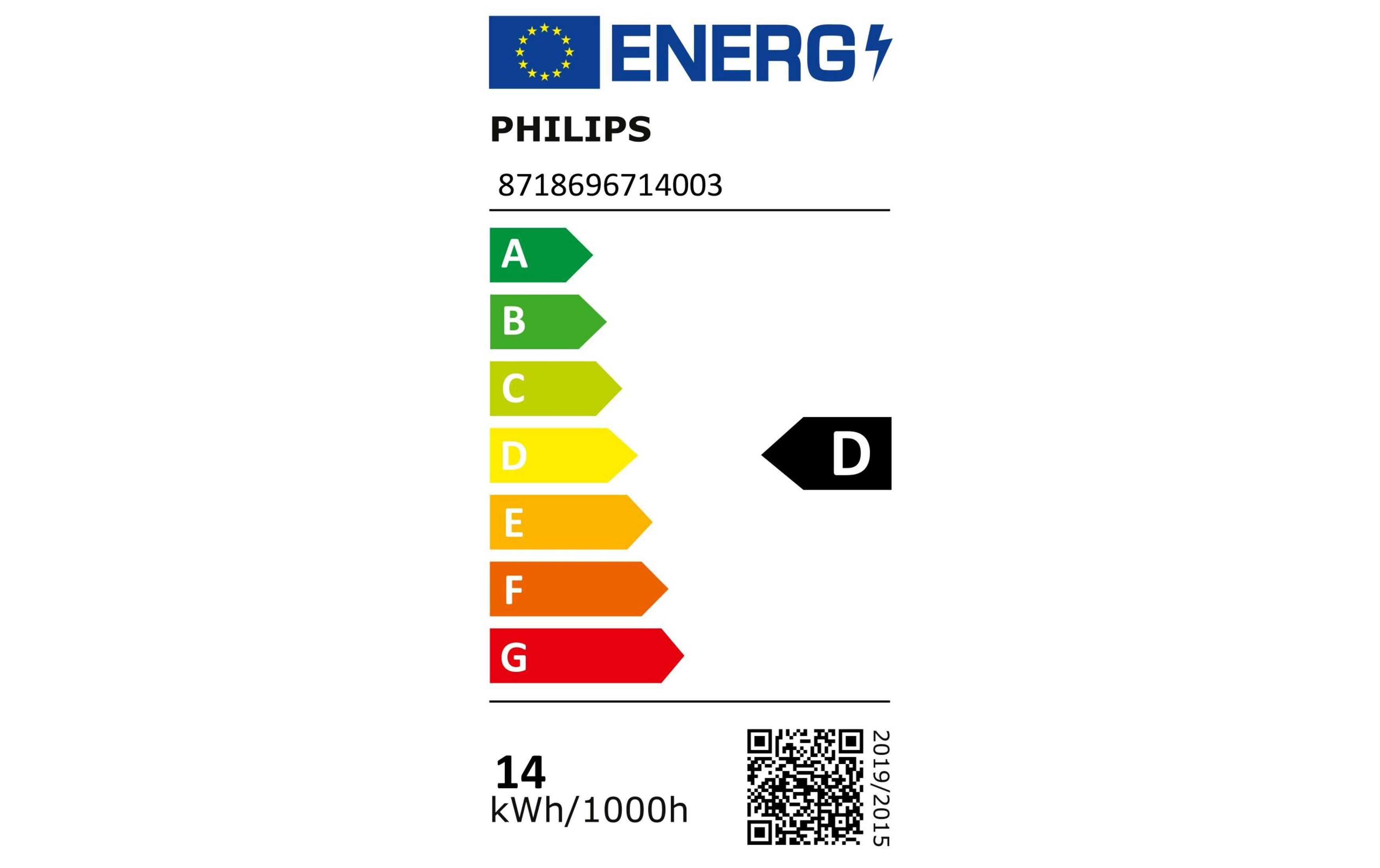 Etichetta efficienza energetica con logo Philips, scala A-G, consumo 14 kWh/1000h.