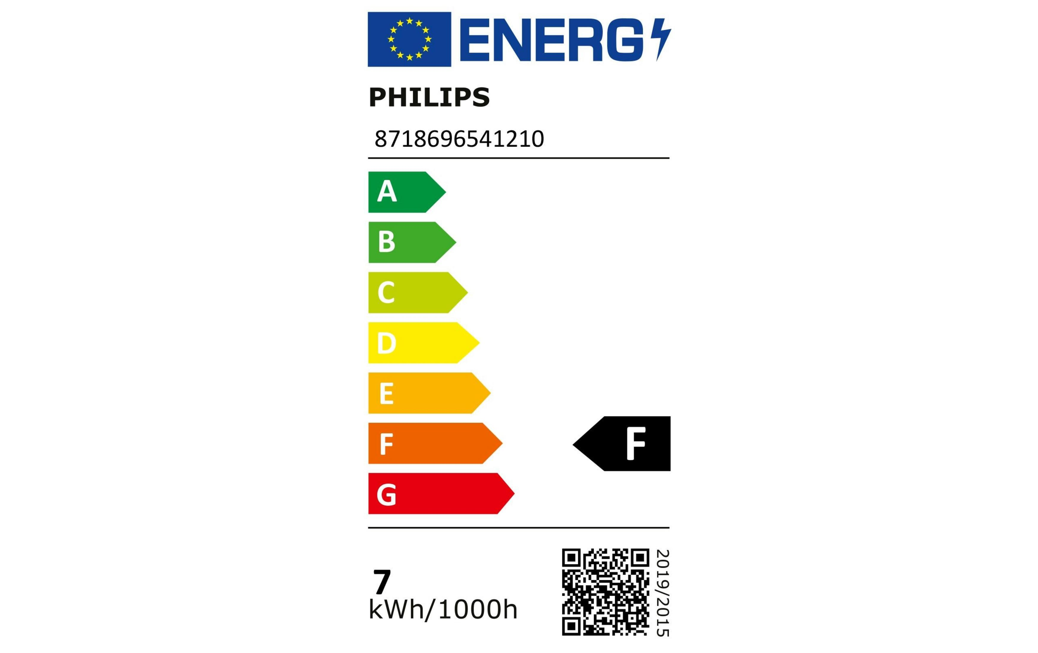 Etichetta energetica Philips. Classe F. 7 kWh/1000h.