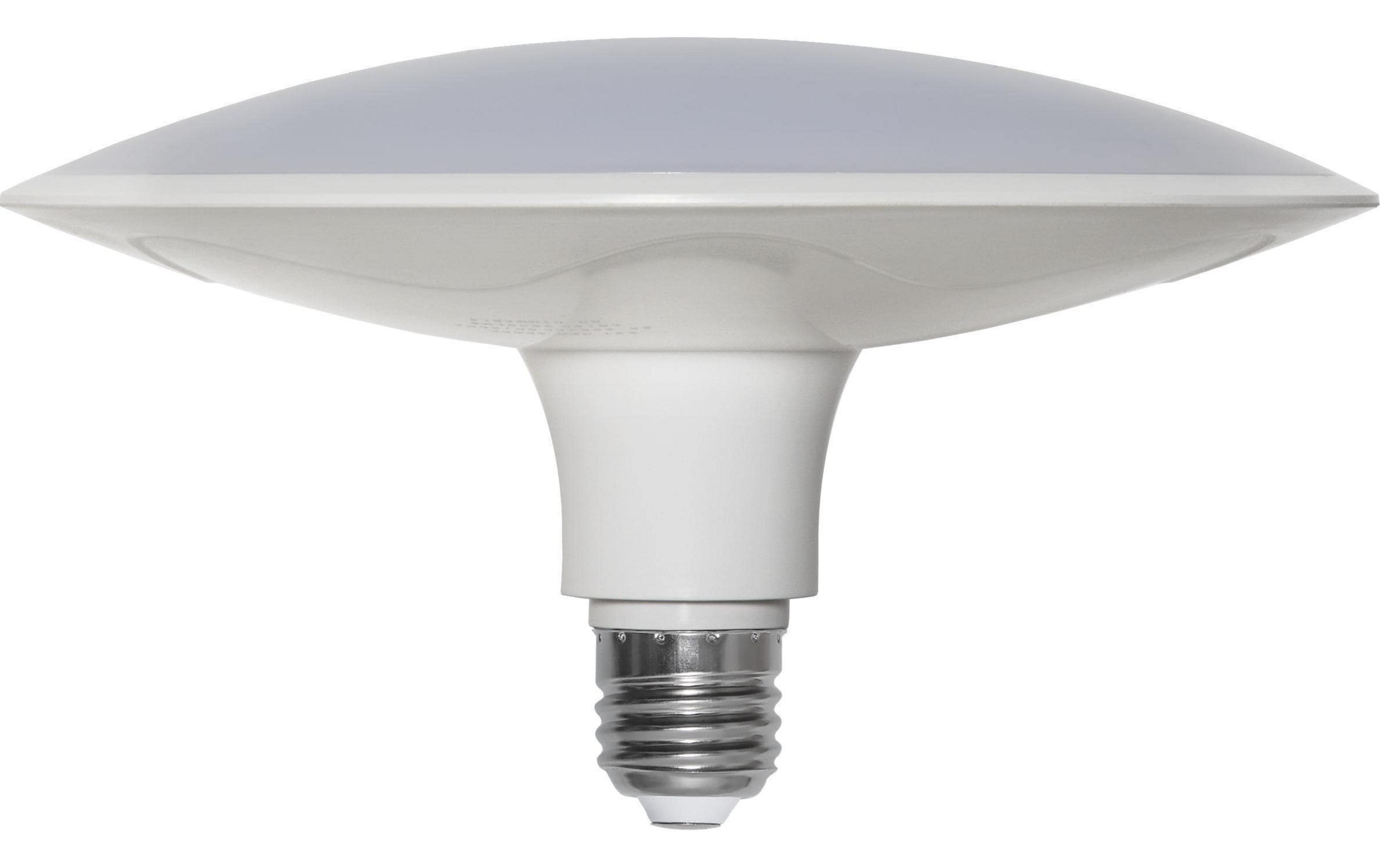 Eine weiße LED-Lampe mit breitem, flachem Schirm und Schraubfassung.