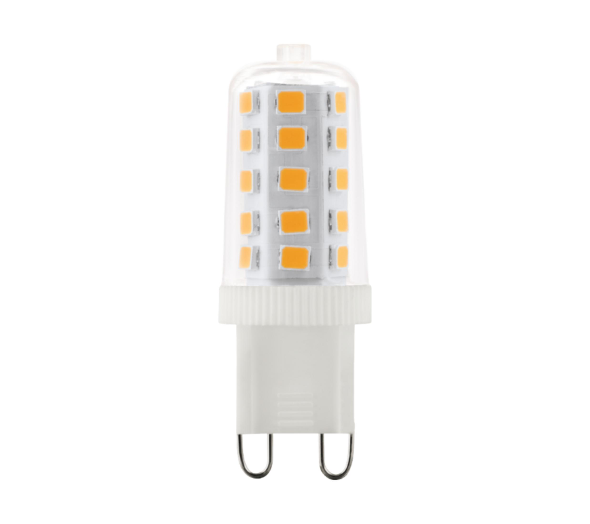 Eine weiße LED-Lampe mit orangefarbenen Lichtern und einem transparenten Gehäuse.