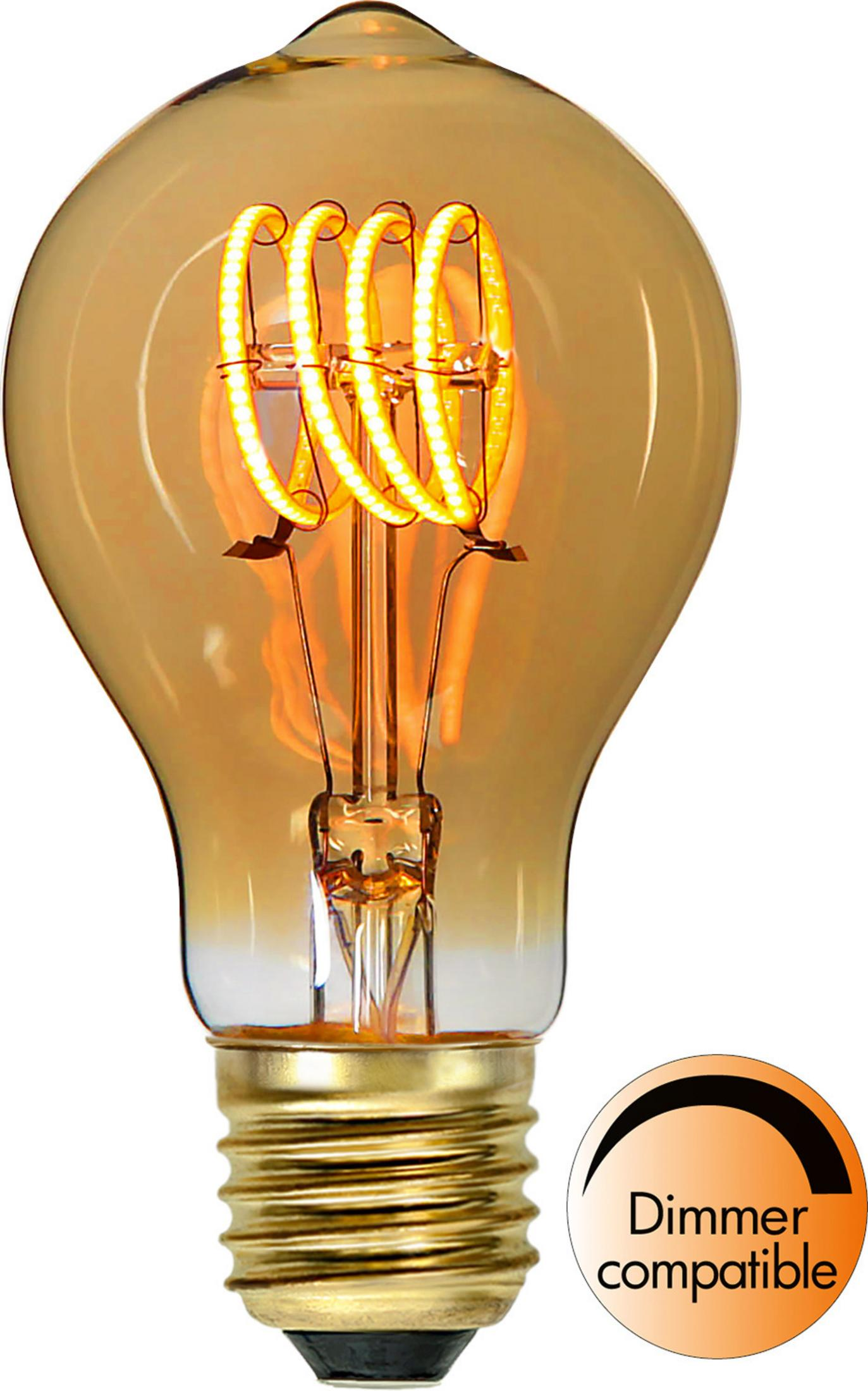 Une ampoule style Edison avec filament visible et symbole compatible variateur.