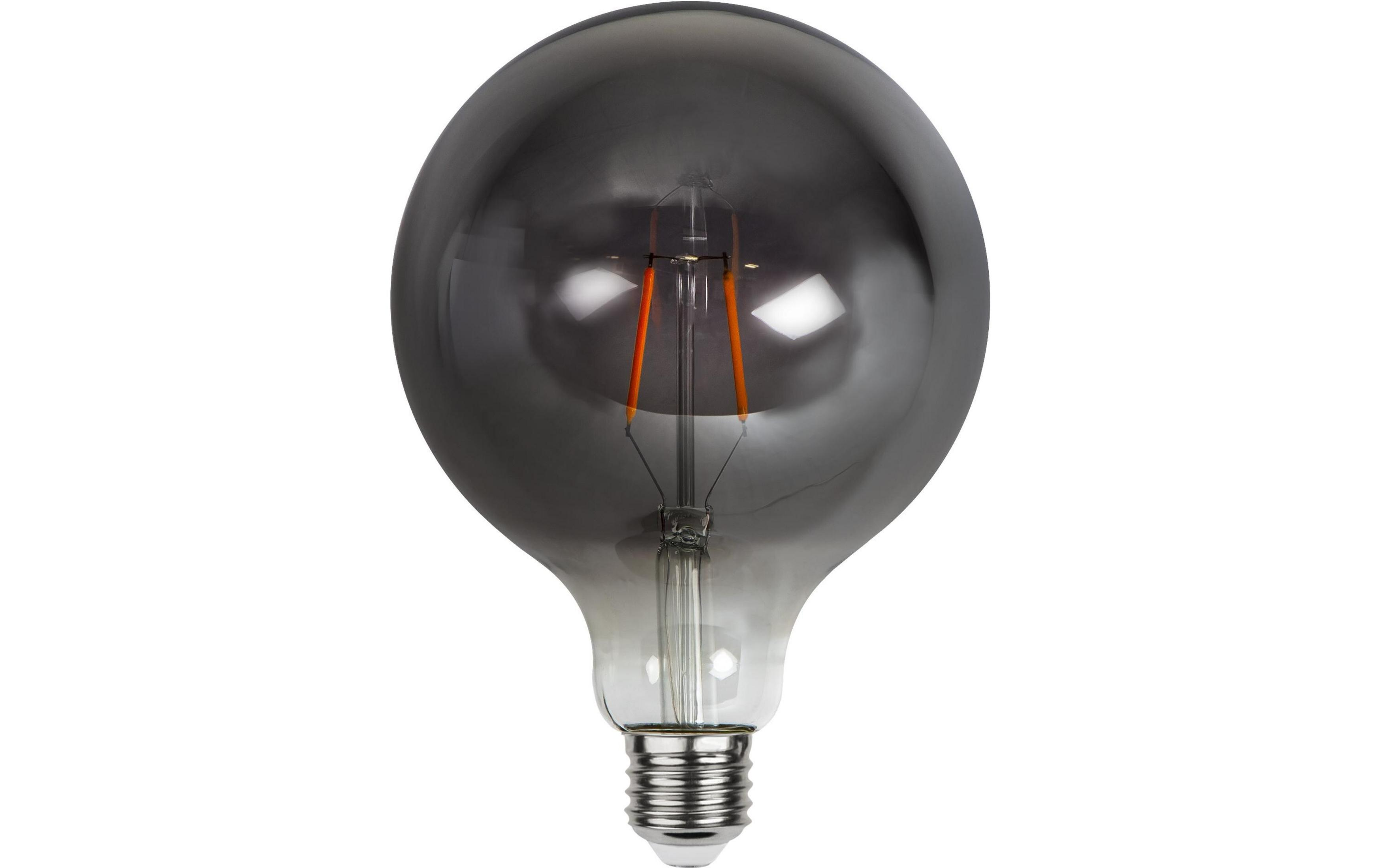 Une ampoule sombre et brillante avec une base argentée et des filaments oranges.