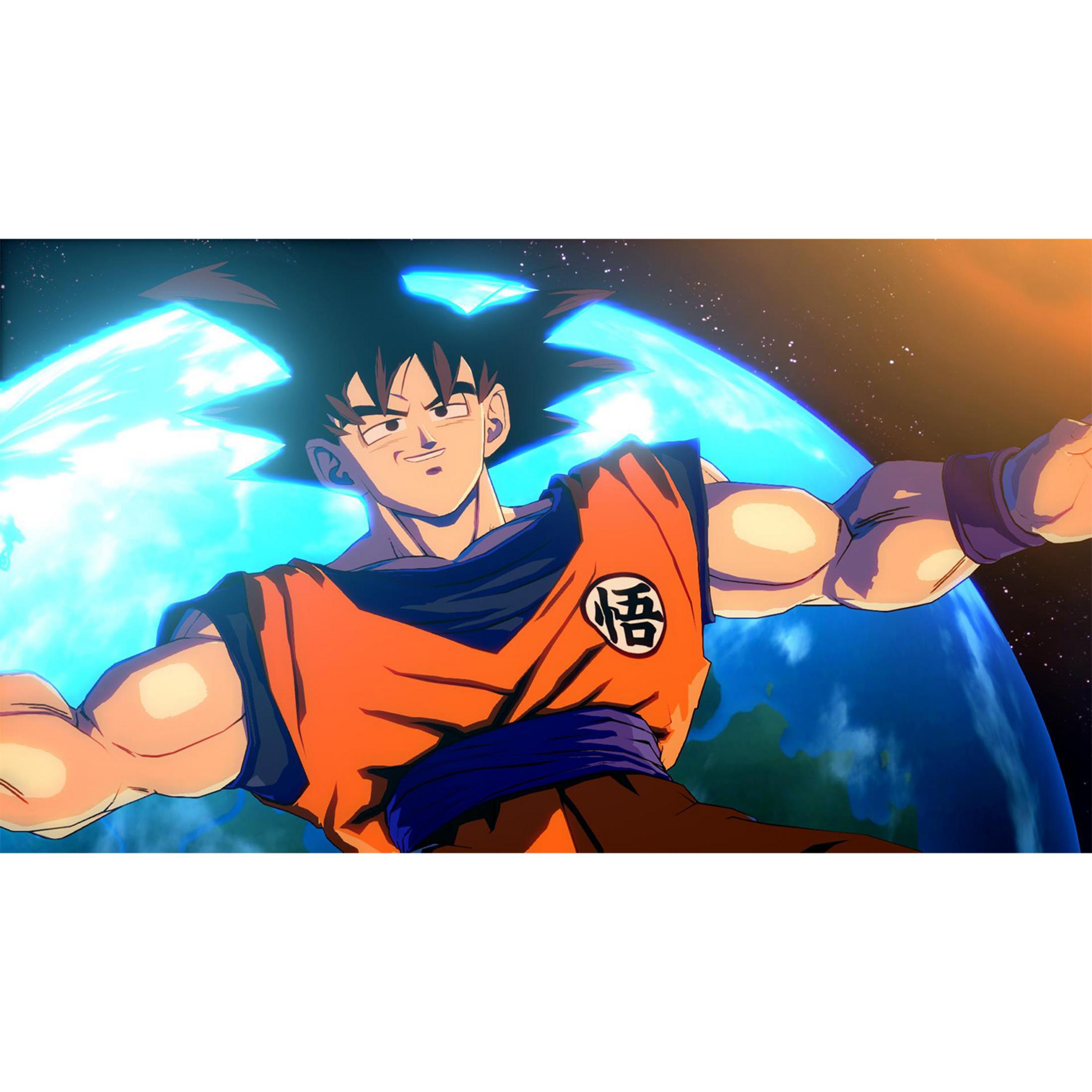 Goku in tenuta arancione-blu si trova davanti a un pianeta blu nello spazio.