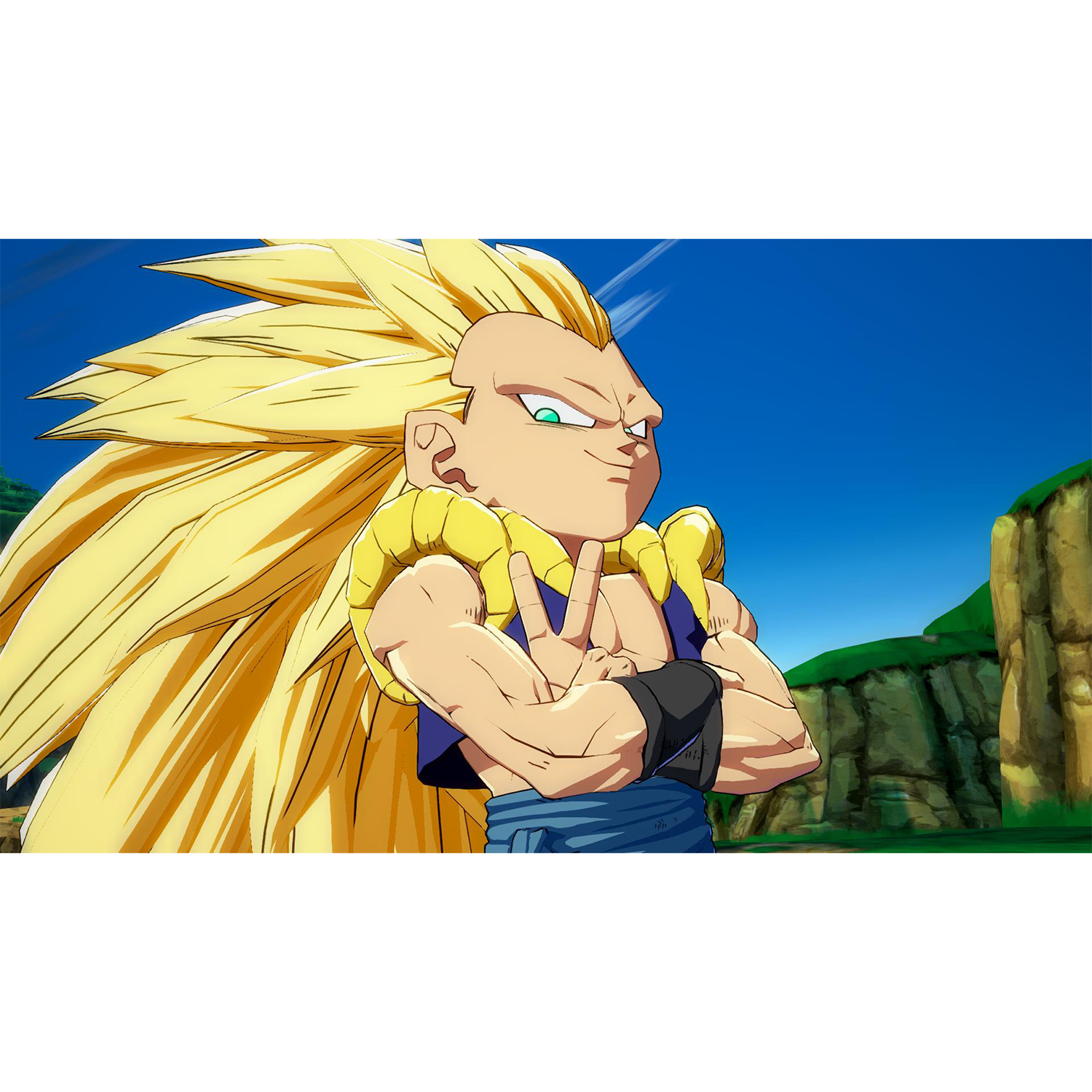 Personaggio anime con lunghi capelli gialli e occhi verdi alza due dita.