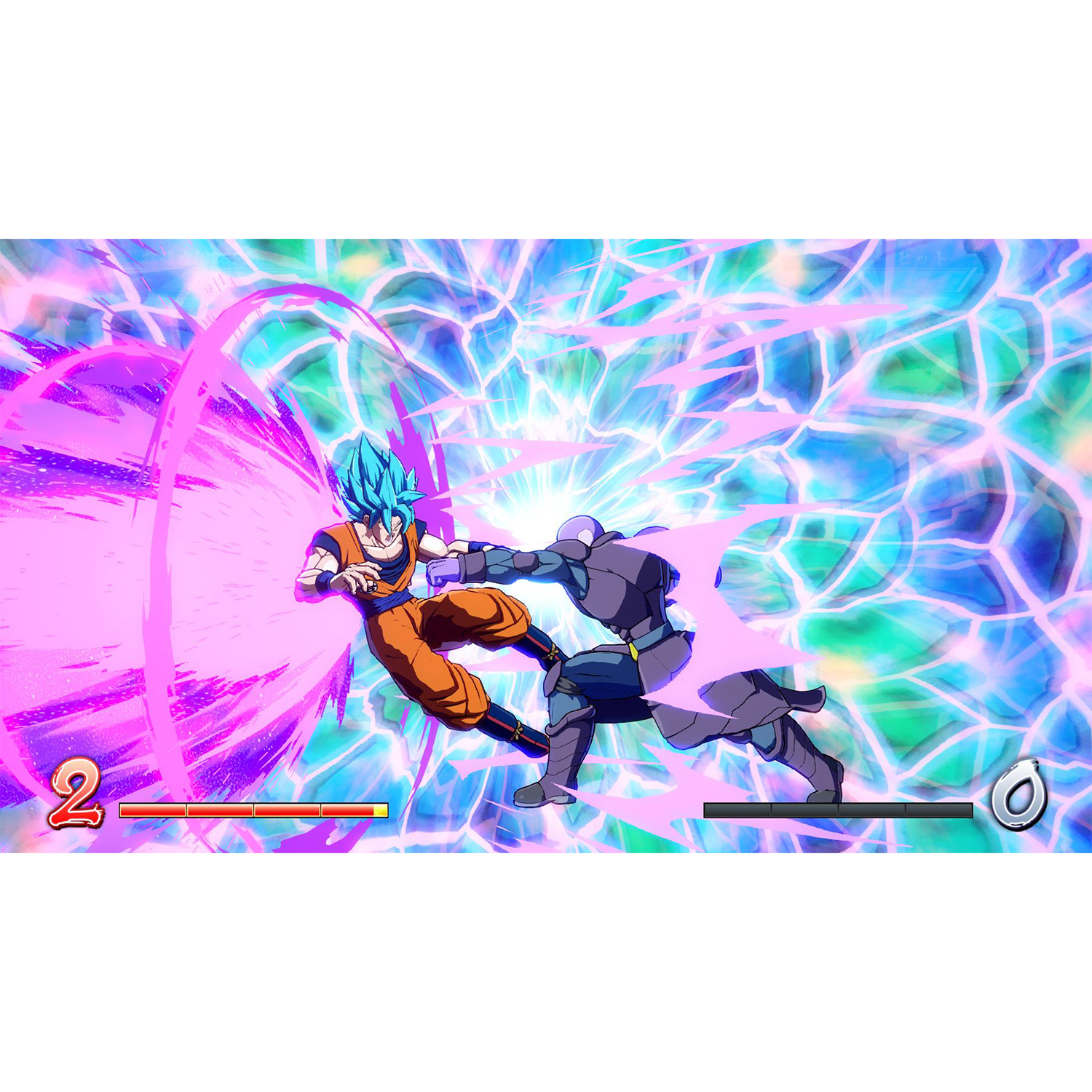 Goku in blu in azione, combatte un avversario oscuro con uno sfondo blu screpolato.