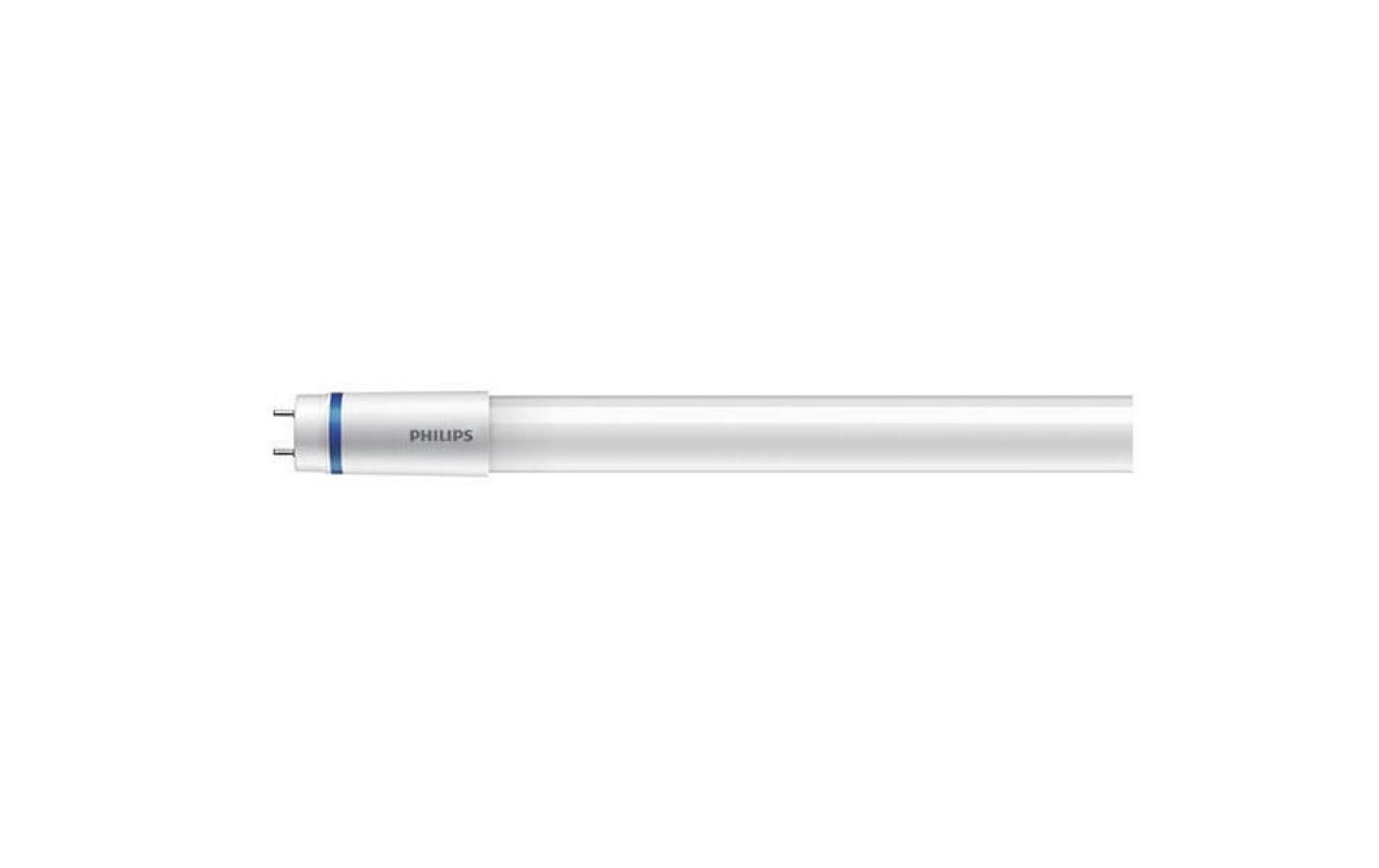 Un tubo fluorescente bianco con anelli blu alla base e il logo Philips.