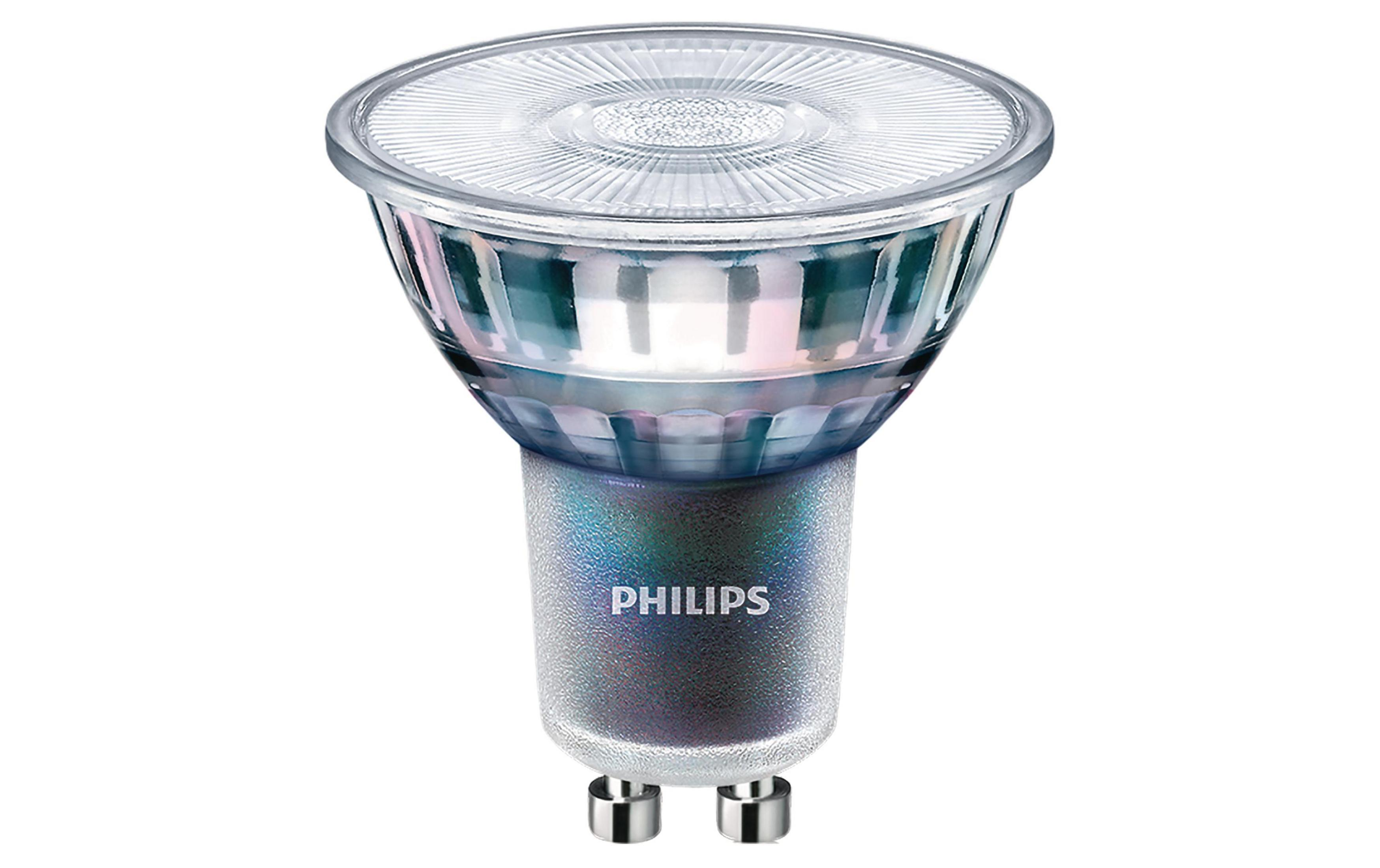 Una lampadina LED Philips con vetro trasparente e base argentata a due pin.