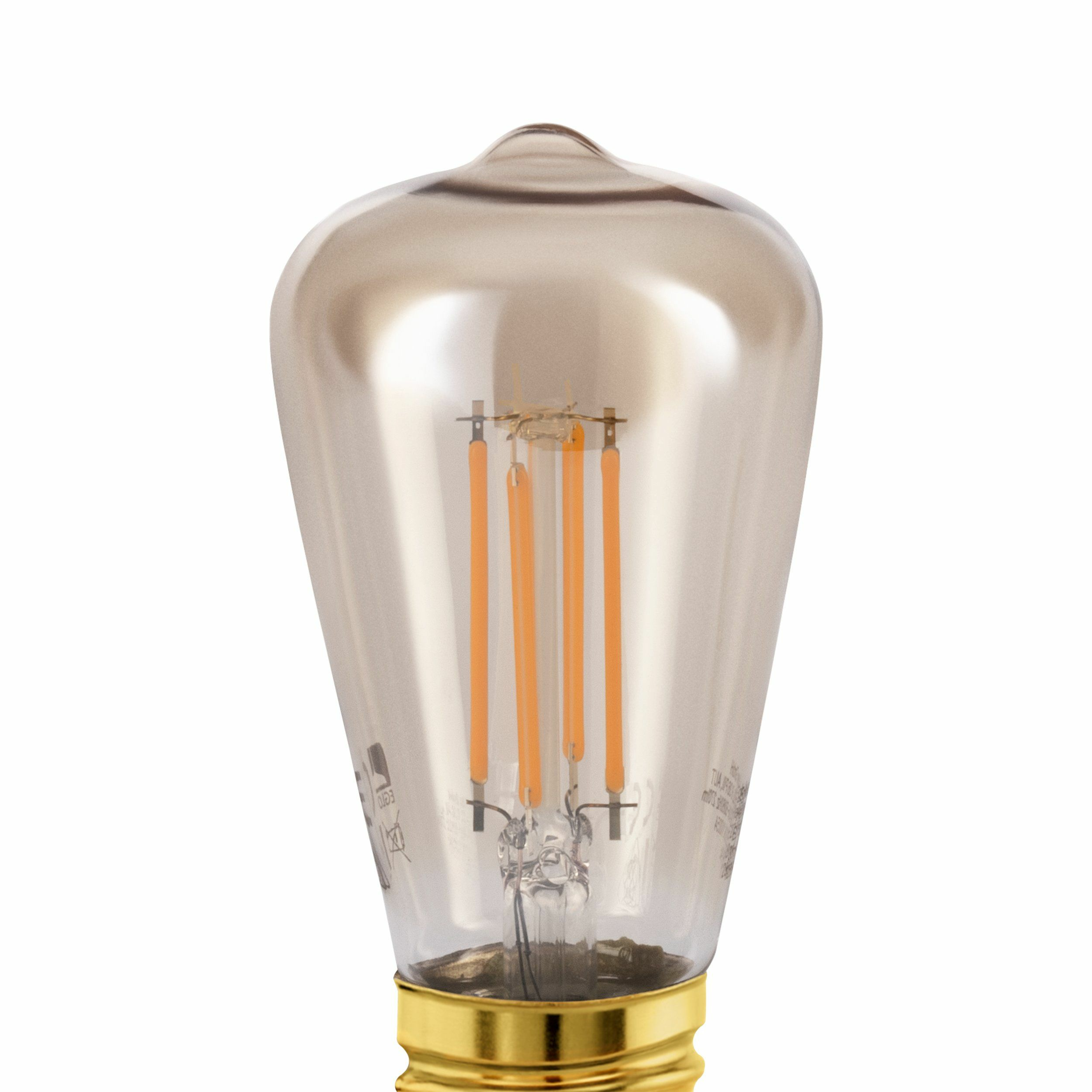 Une ampoule transparente à culot doré et filaments LED oranges visibles.