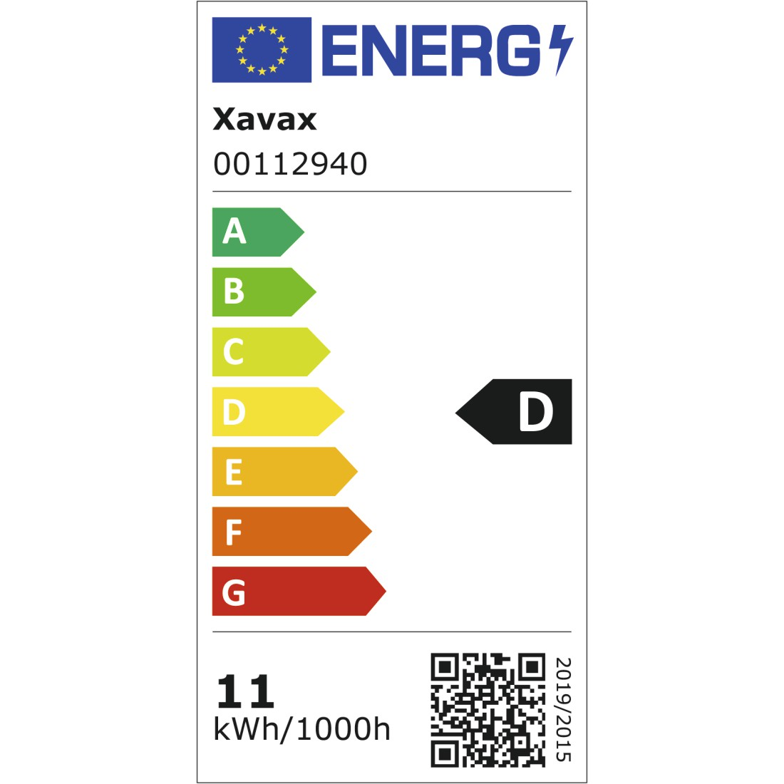 Energielabel mit Skala A-G, Energieklasse D, 11 kWh/1000h.