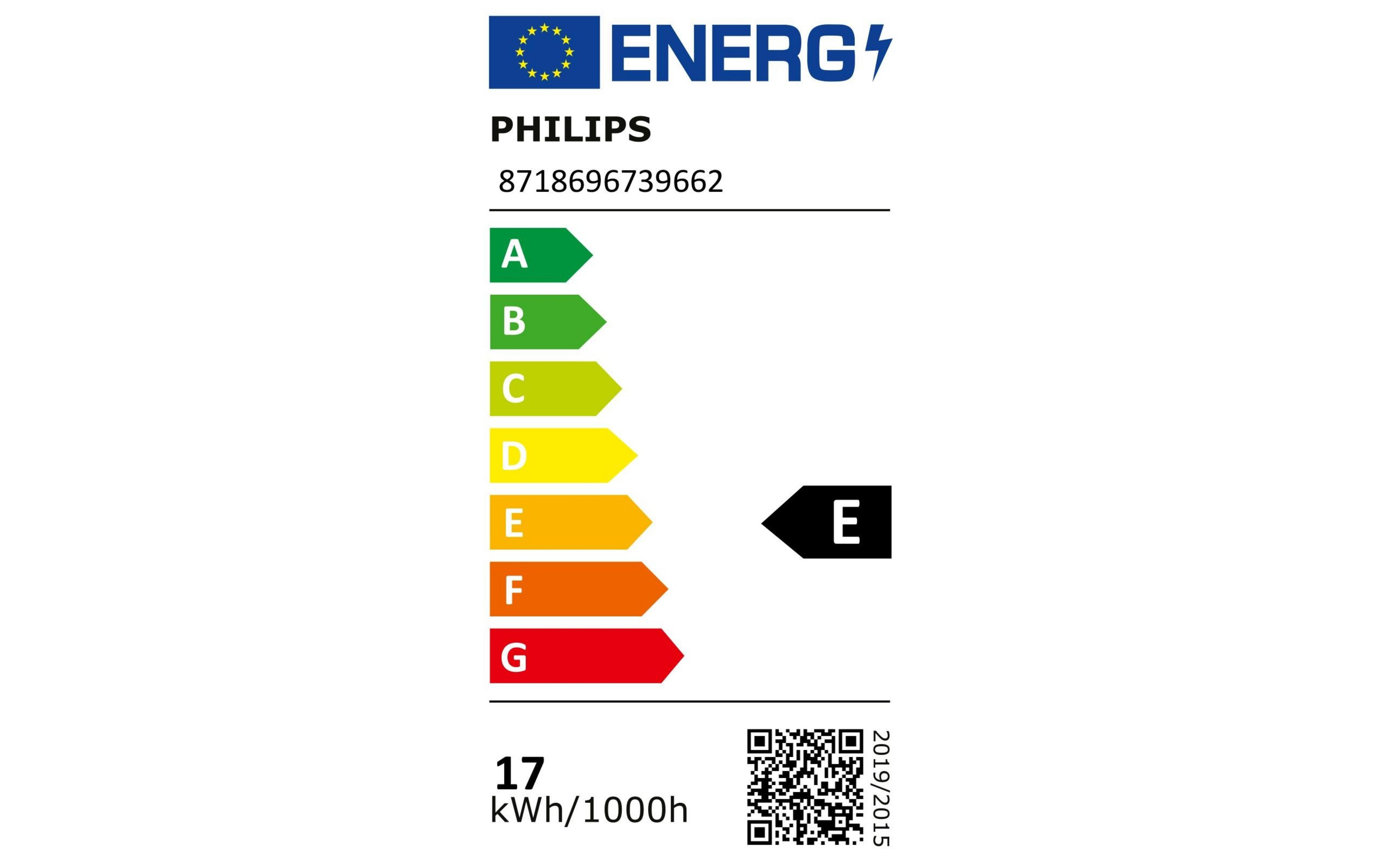 Étiquette énergie Philips classe E, 17 kWh/1000h.