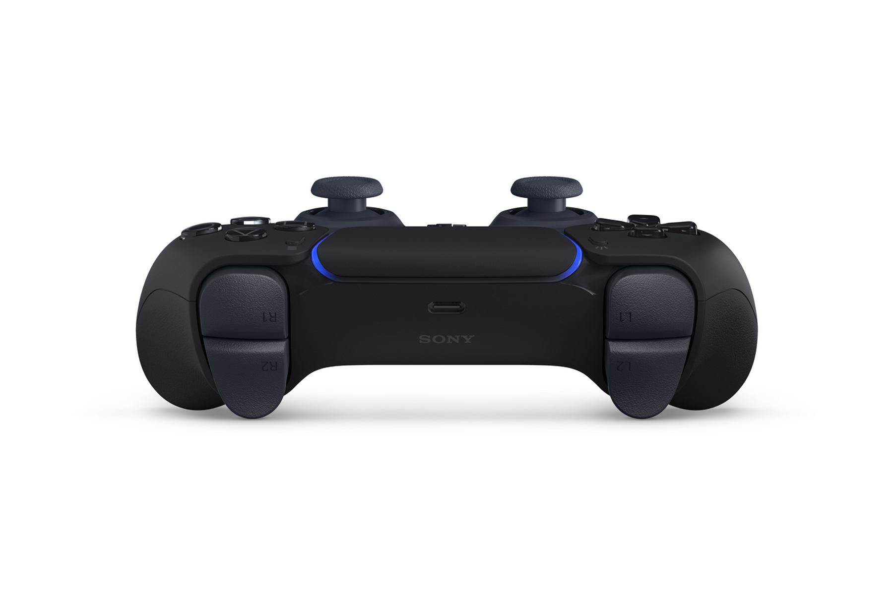 Czarny kontroler PlayStation 5 z niebieskimi akcentami i logo Sony.