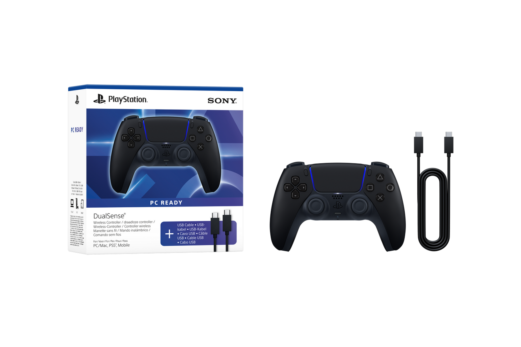 Czarny kontroler PlayStation DualSense z niebieskim światłem i kablem USB.