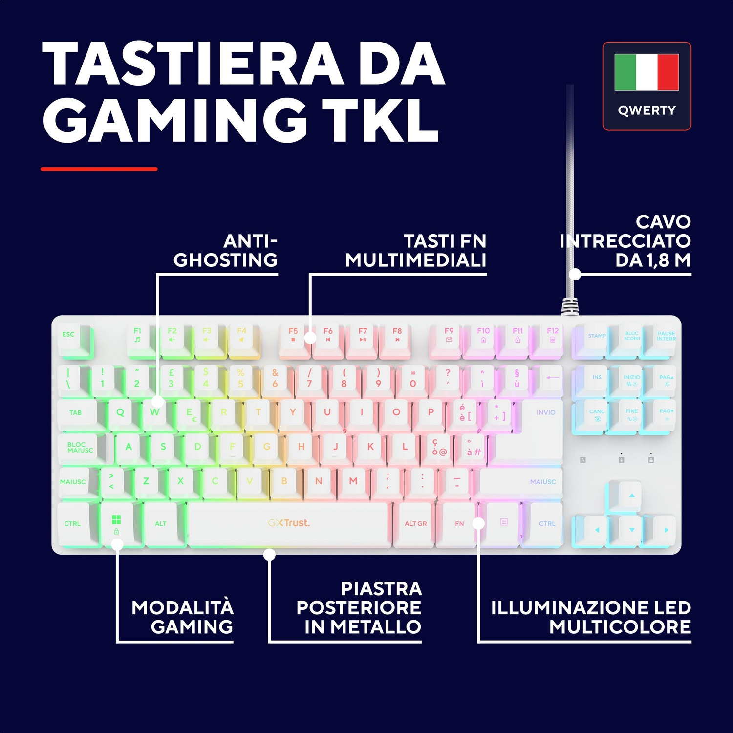 Un teclado gaming blanco con iluminación RGB y marca de disposición QWERTY italiana.