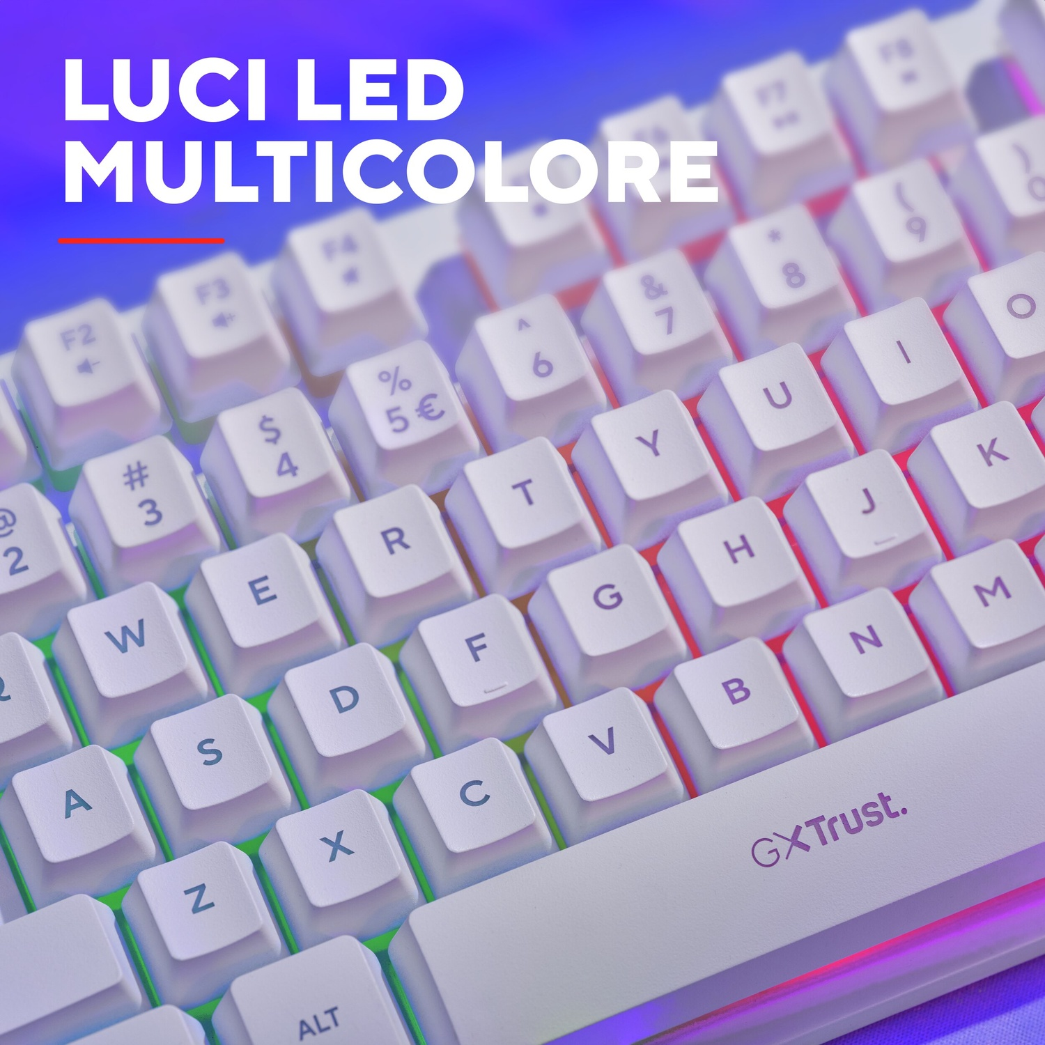 Un teclado blanco con iluminación RGB que muestra 'LUCI LED MULTICOLORE'.