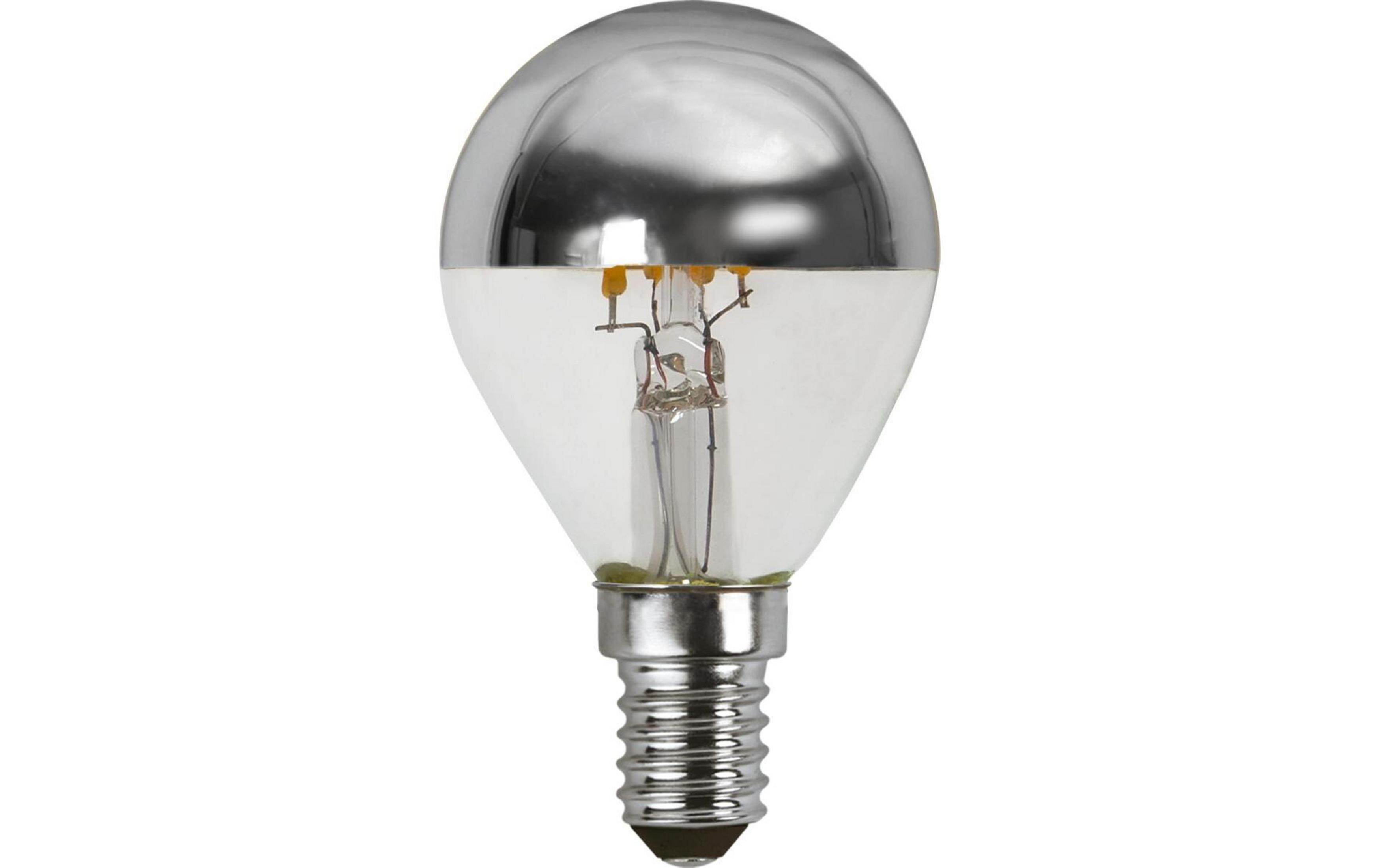 Une ampoule argentée avec verre transparent et filament visible.